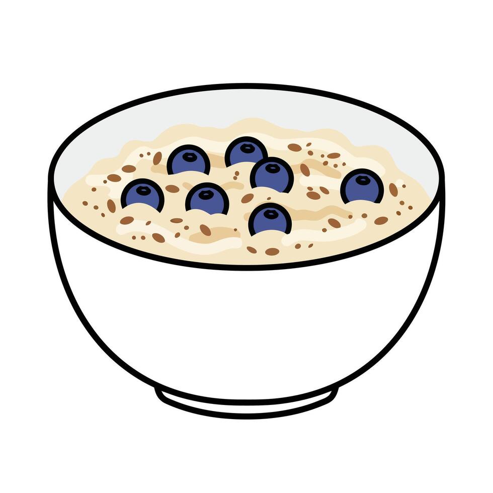 A bowl of oatmeal with blueberries in it vector