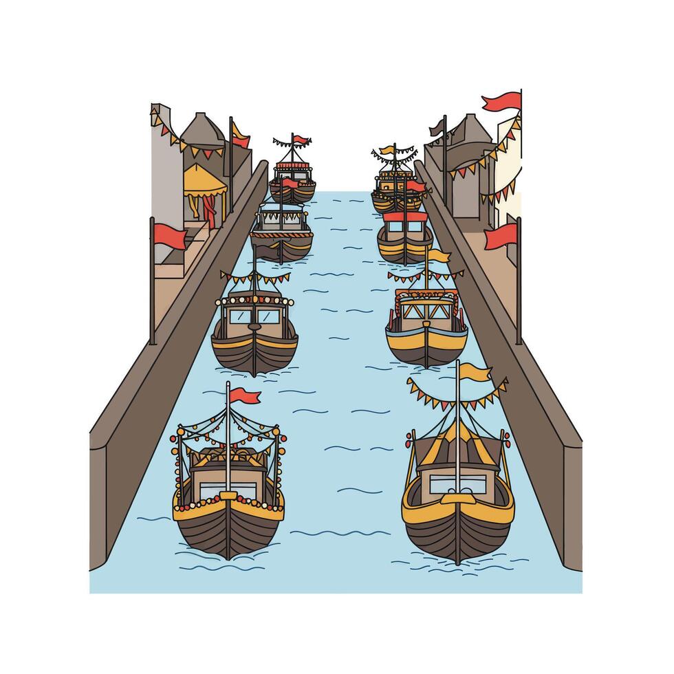A drawing of boats in a canal vector