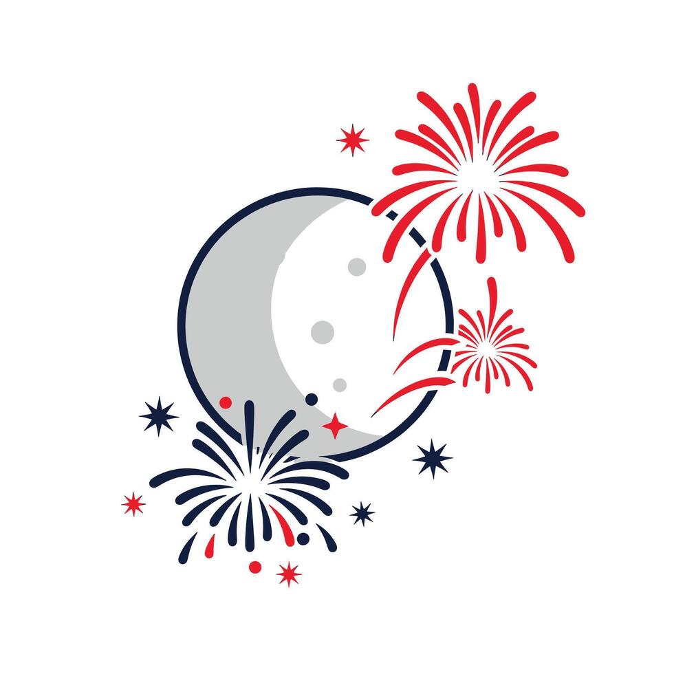 Fireworks and moon with stars illustration vector