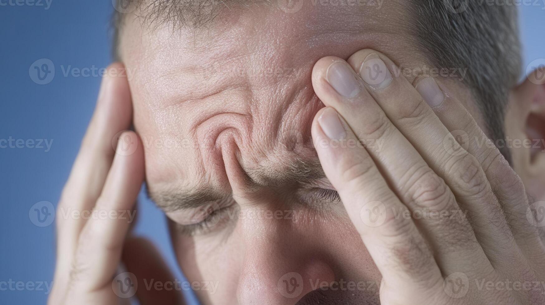 Businessman suffering intense migraine, pressing temples with fingertips, muscles tense from sharp head pain photo