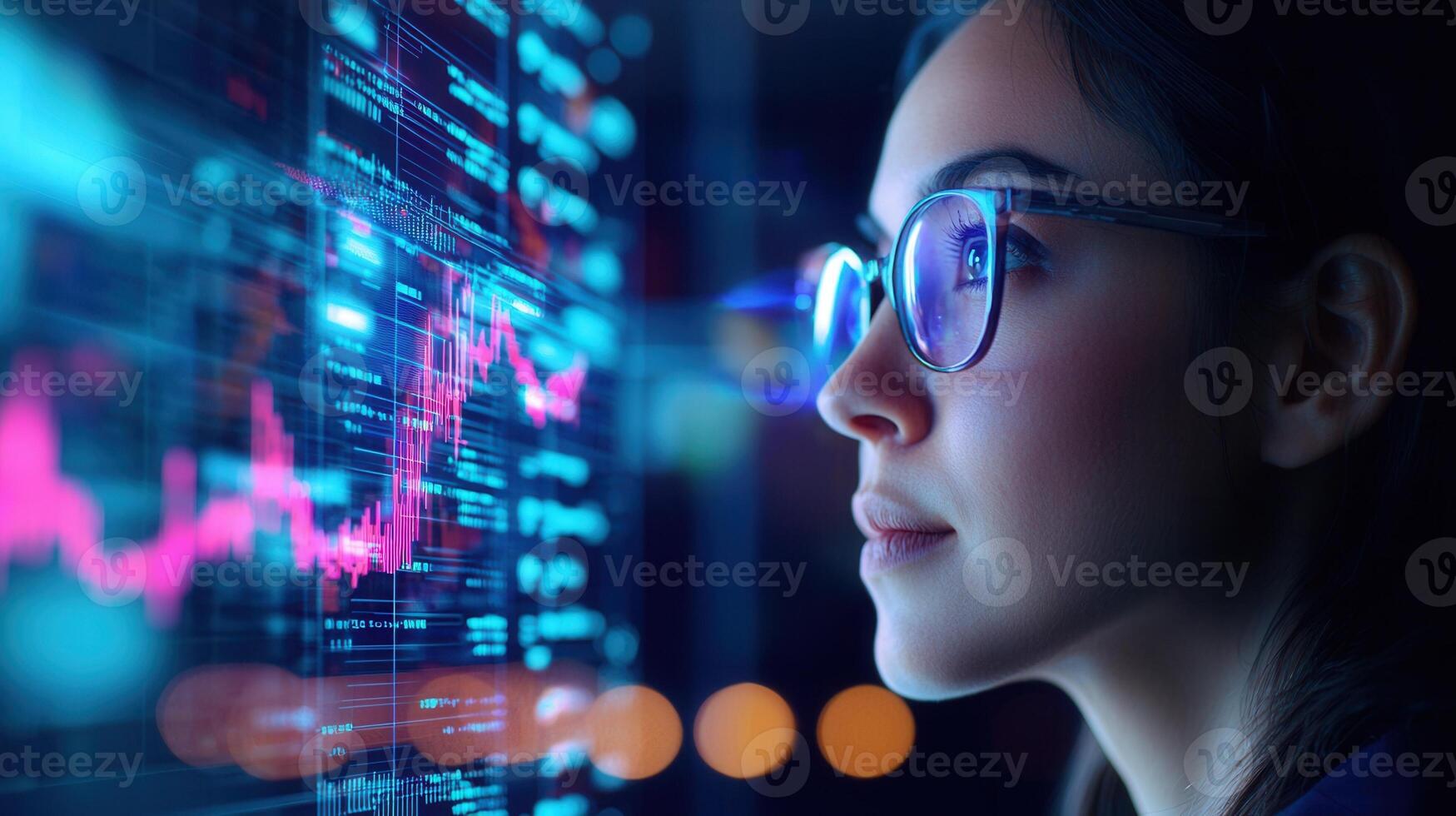 Businesswoman wearing augmented reality glasses is analyzing stock market data displayed large digital screen a digital hologram of trading chart photo