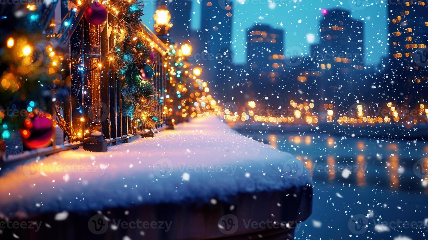 Christmas lights and colorful baubles decorating a snow covered bridge railing at twilight, with a cityscape and falling in the background photo
