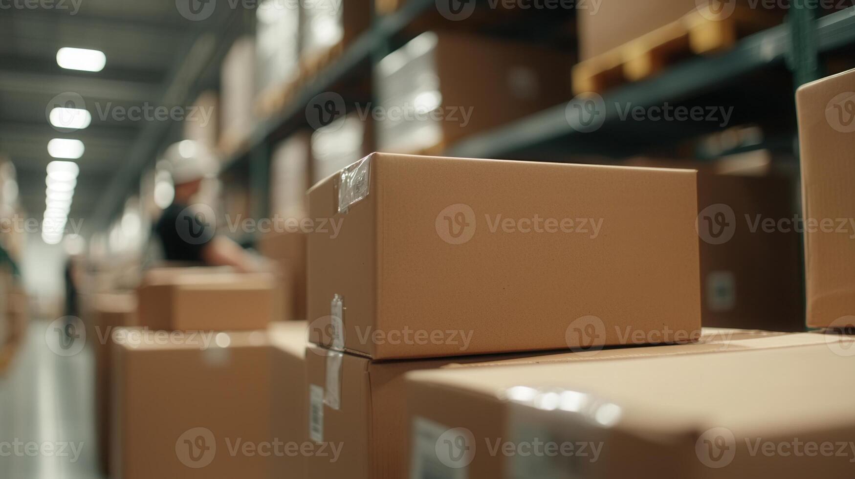 Warehouse worker walking storage warehouse with rows of shelves and cardboard boxes containing goods ready for dispatch photo