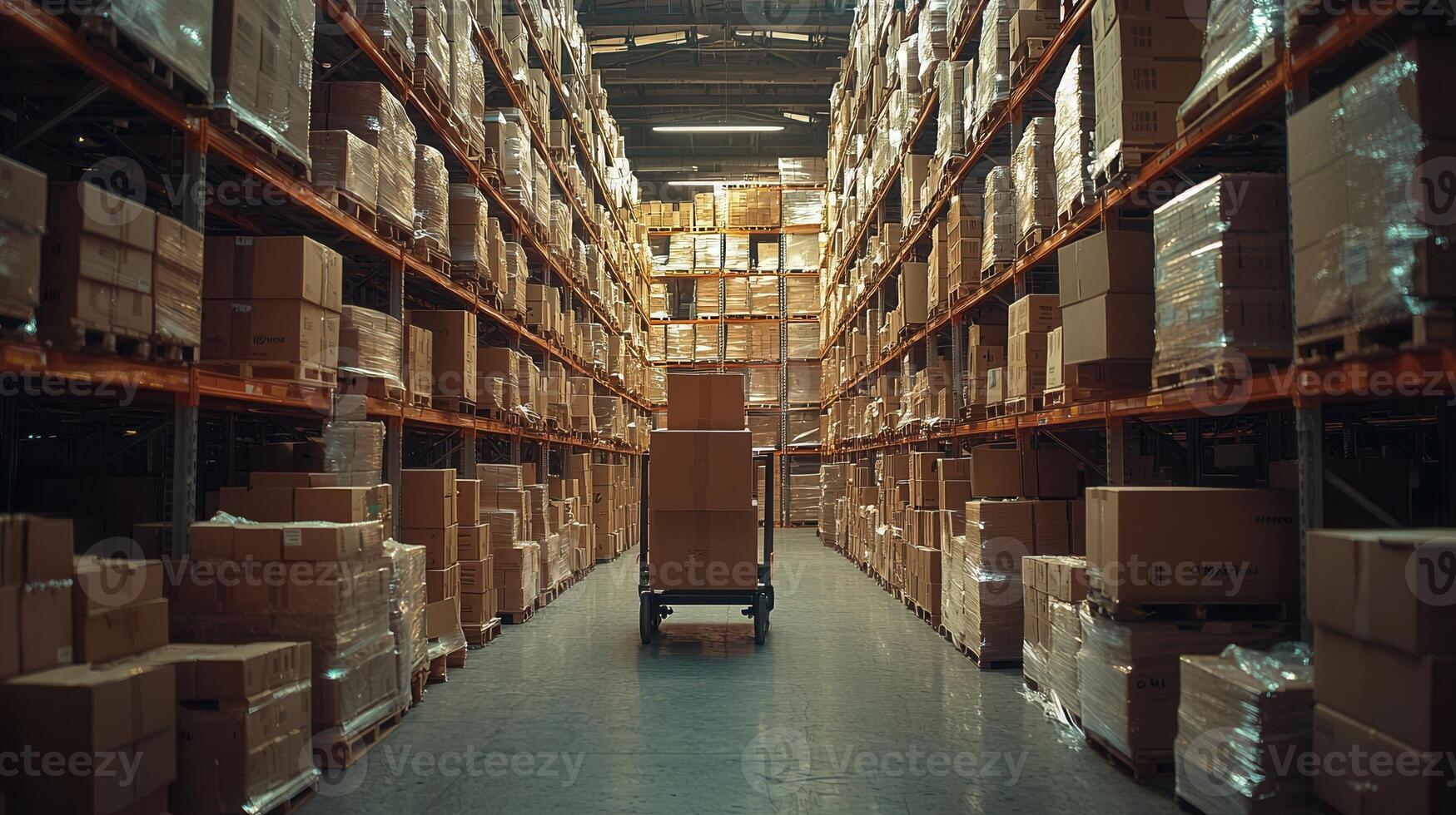 hand truck in an industrial warehouse filled with cardboard boxes for logistics and marketing photo