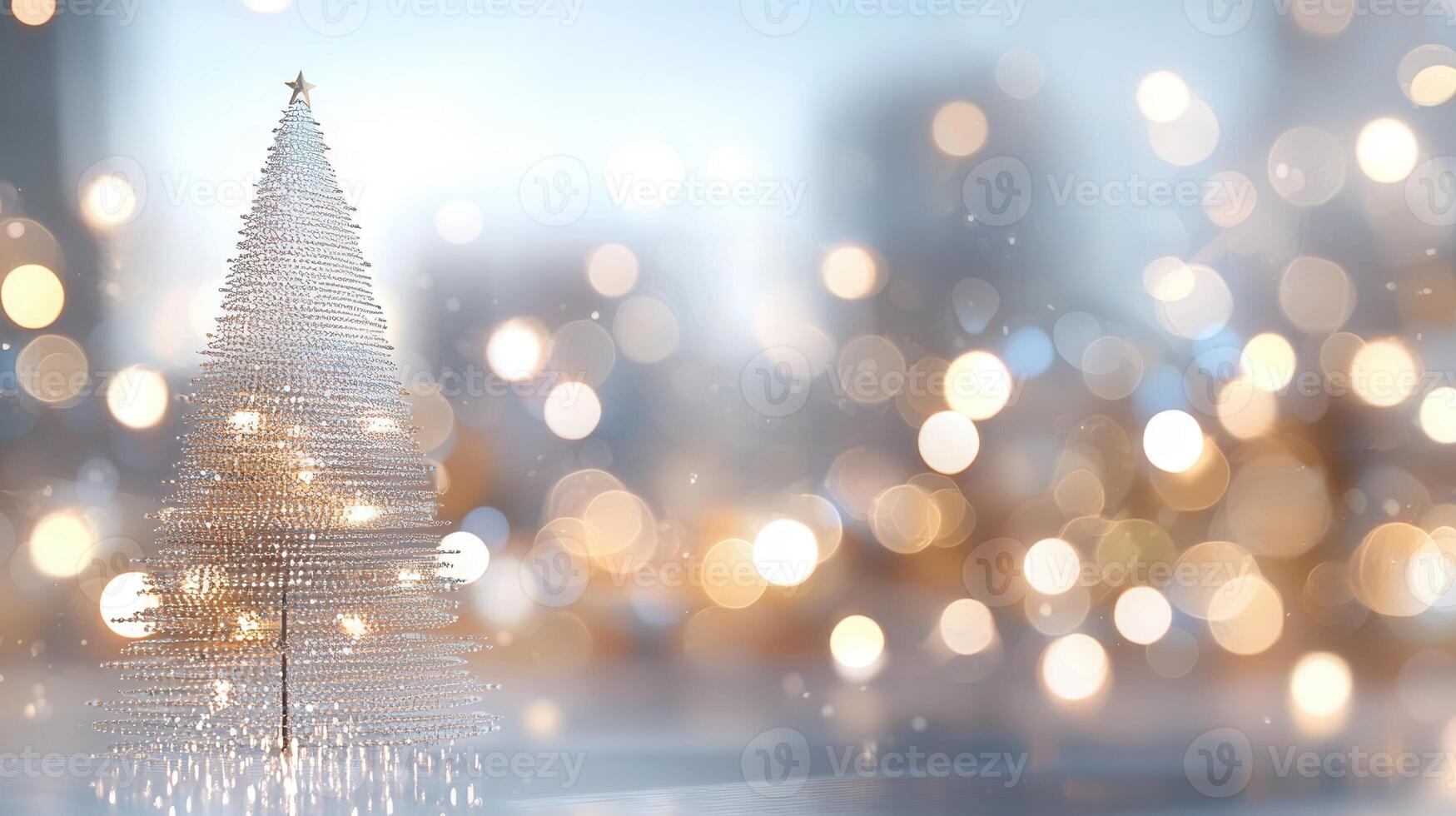 Soft abstract christmas tree string lights illuminating snowy landscape with vibrant sunset, casting magical winter bokeh glow across serene evening scene background photo