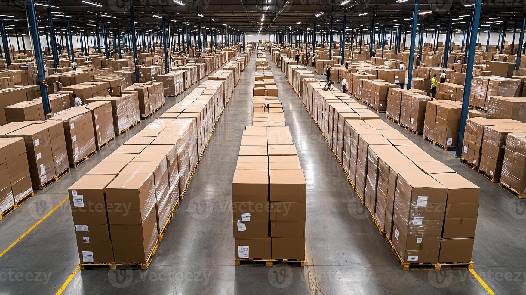 Logistics specialists working in large distribution center managing cardboard boxes on pallets photo