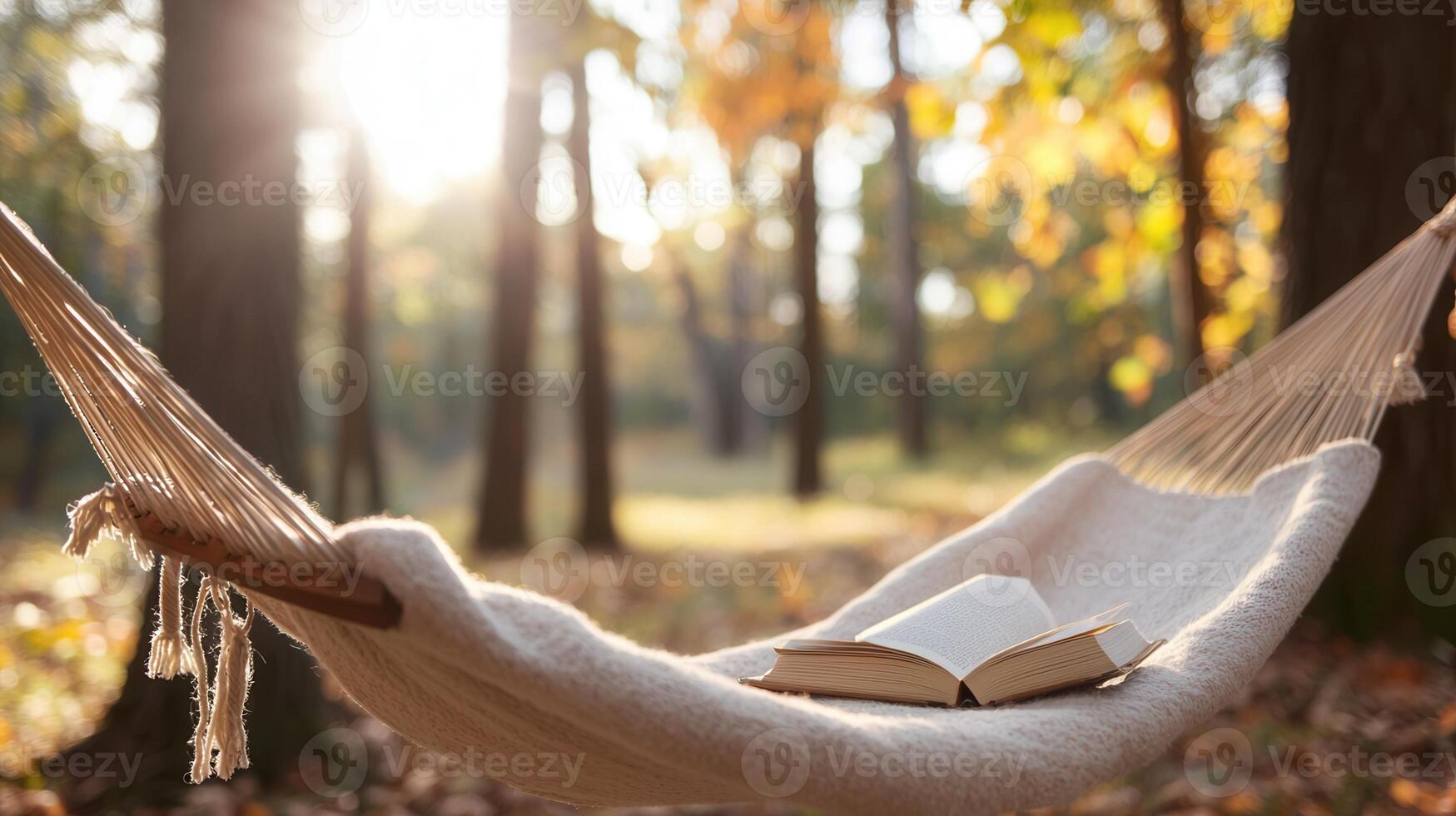 Open book lying on hammock, by golden autumn leaves in serene fall park setting, basking in warm afternoon sunlight background photo