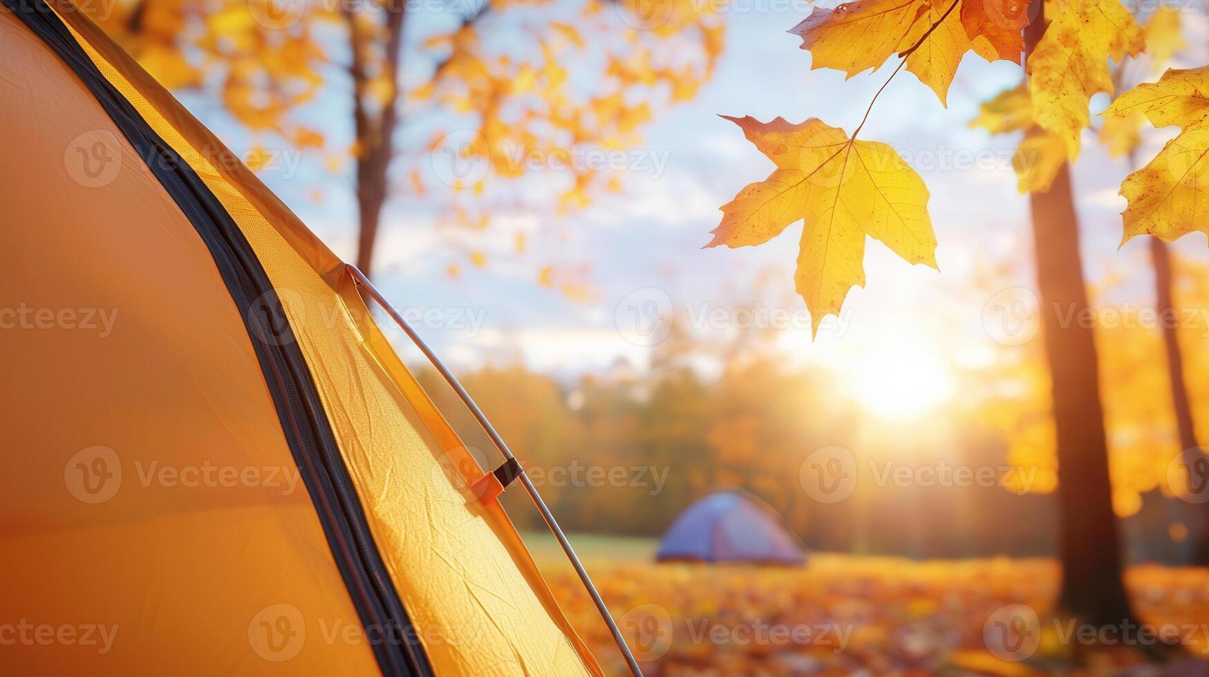 Cozy camping scene tent and sleeping bag by a tranquil lake on a foggy autumn morning, surrounded by colorful fall foliage background photo