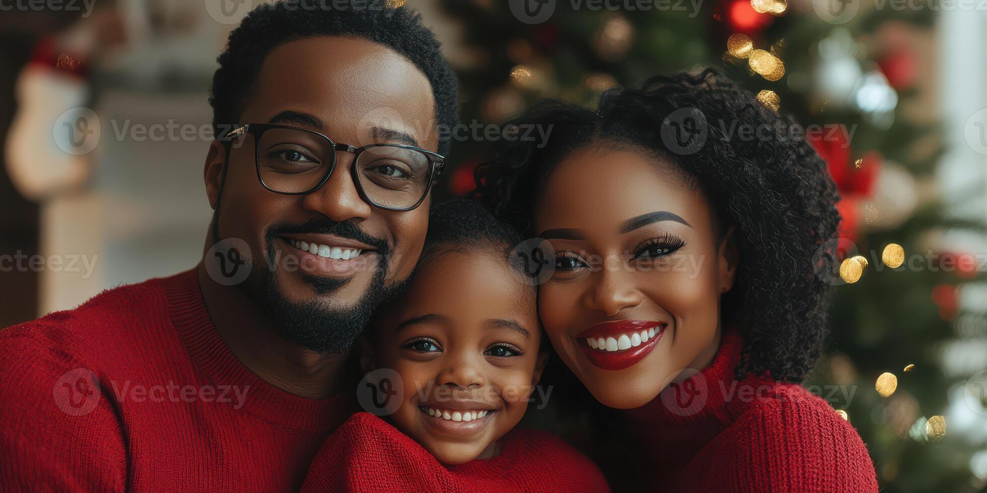 Happy family celebrating together near a Christmas tree adorned with lights and ornaments in a cozy living room during the holidays photo
