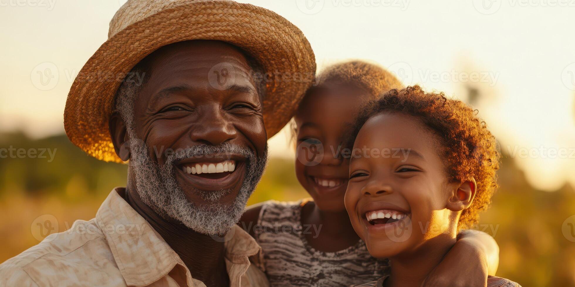 Grandfather enjoys a sunny day with his grandchildren in a peaceful outdoor setting at sunset, sharing laughter and joy photo