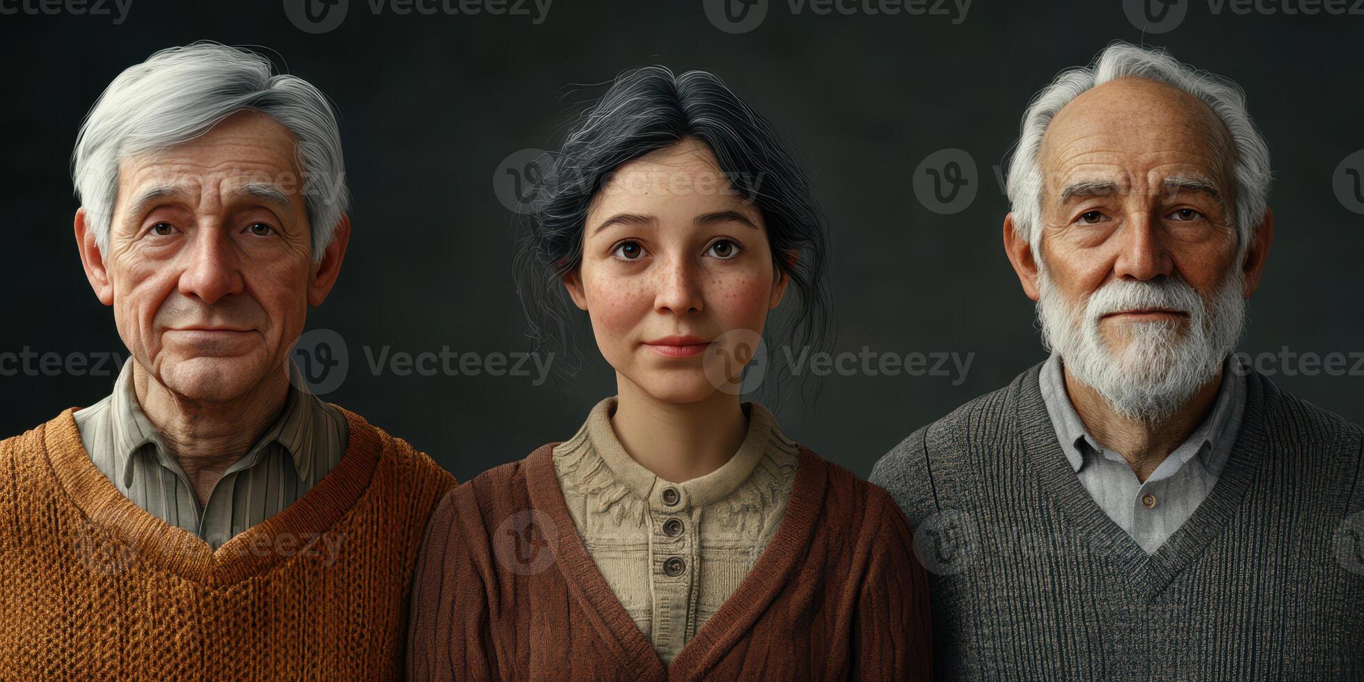 Portrait of three adults representing the passage of time through generations in a serene setting photo