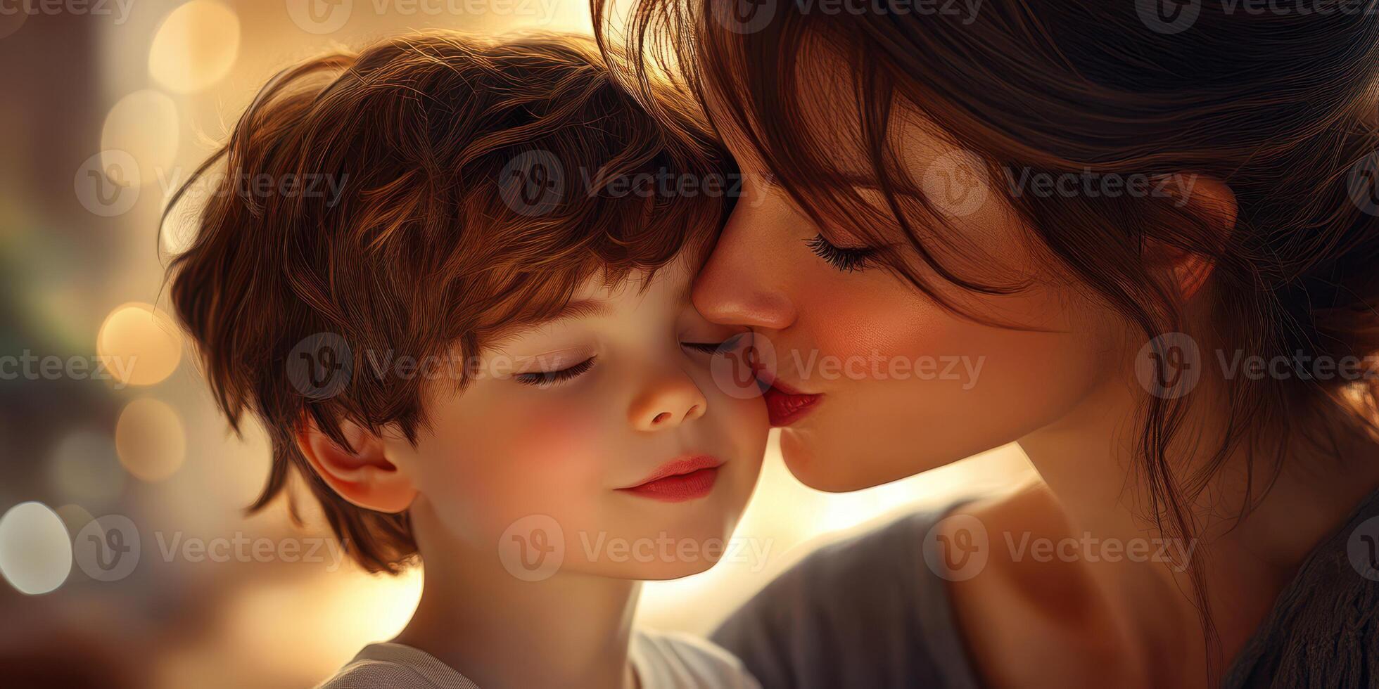 Mother and child share a tender moment in a cozy, softly lit environment during a peaceful afternoon photo