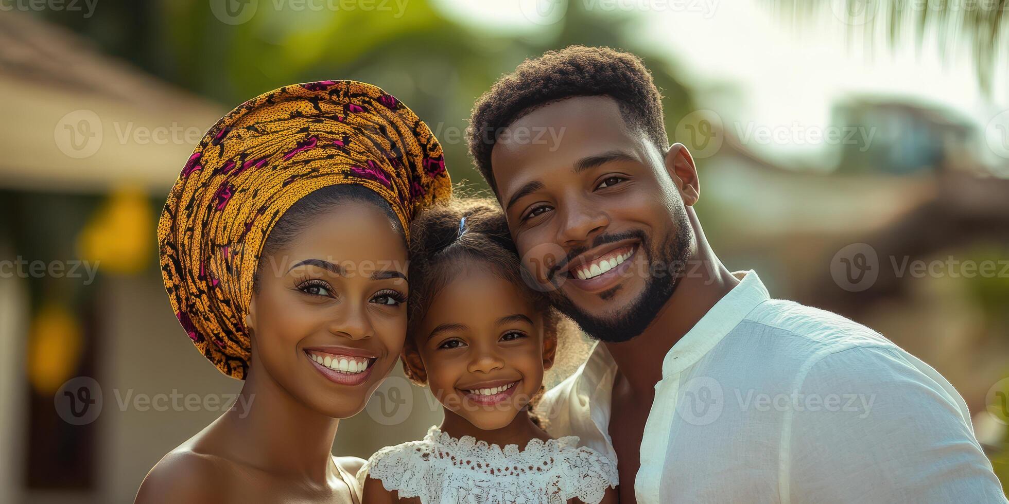 Smiling family enjoying a sunny day outdoors in a vibrant setting with colorful traditional attire and joyful expressions photo