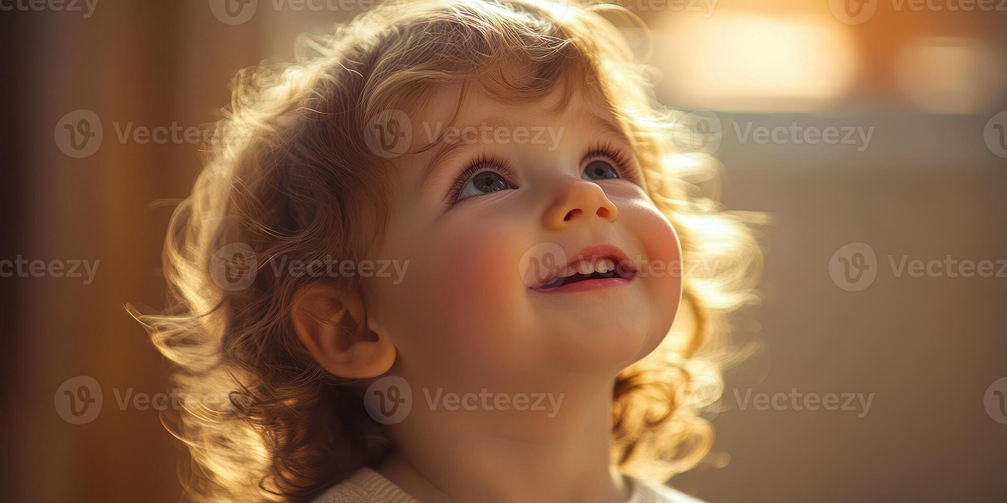 Child with curly hair smiling and looking up in warm light during indoor playtime in the late afternoon photo