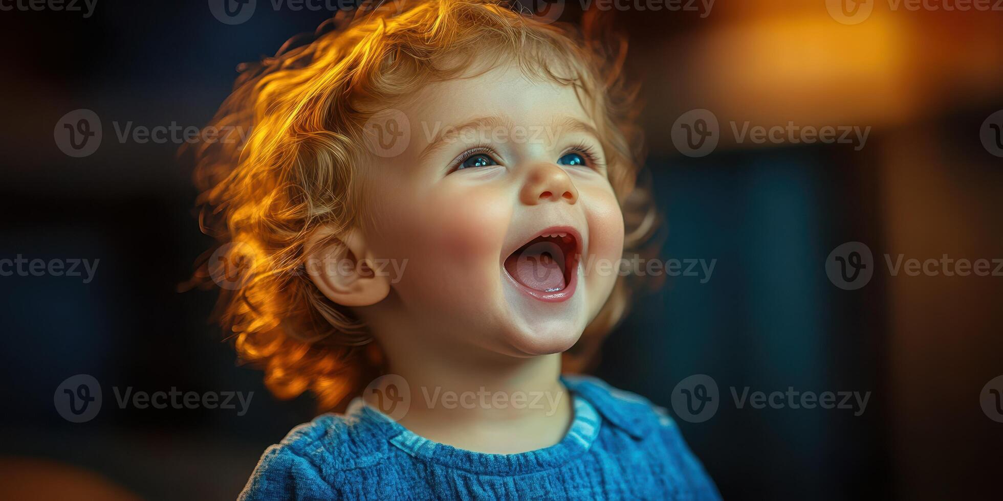 Child with curly hair laughing joyfully indoors during warm evening light photo