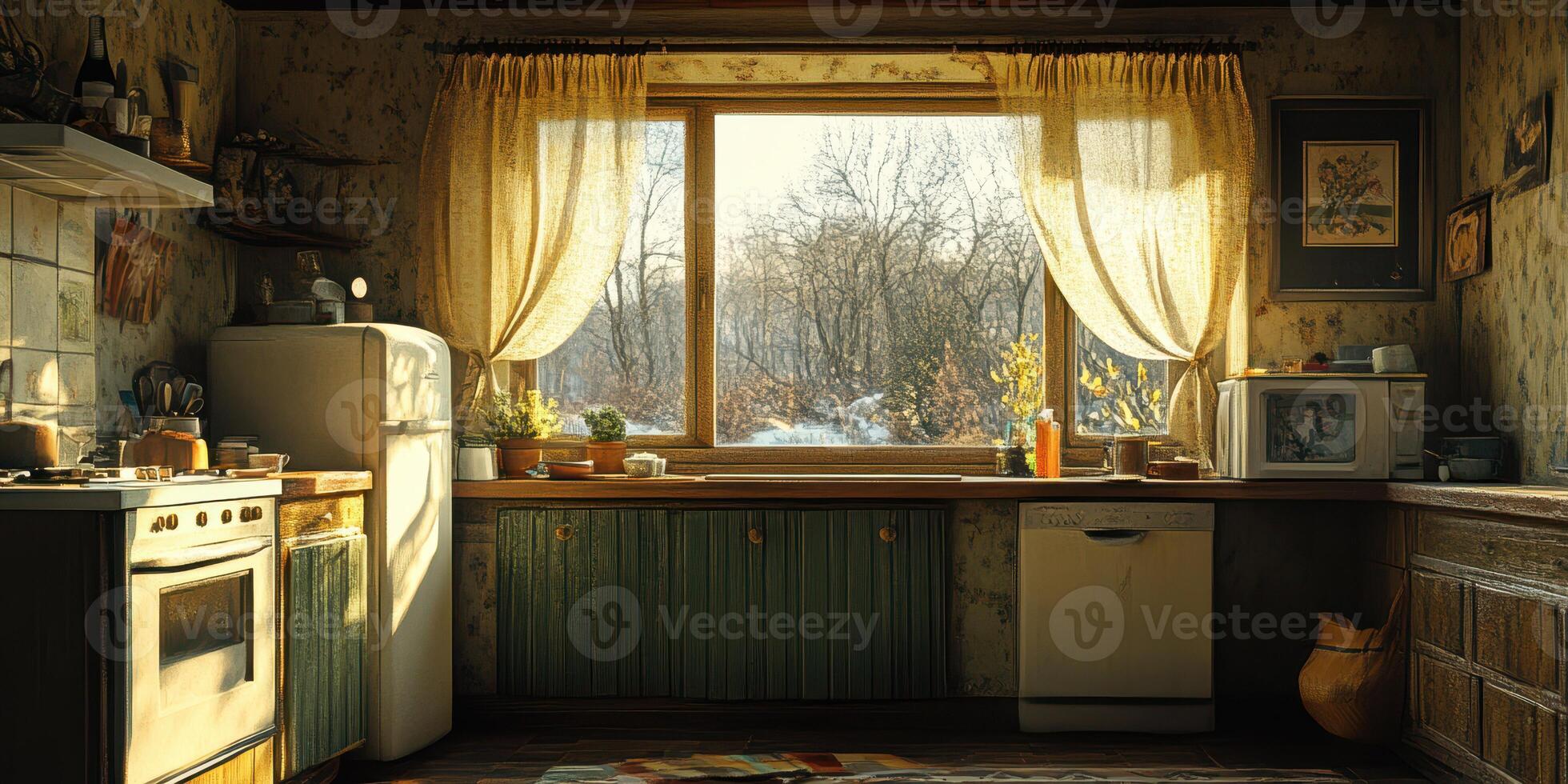Cozy kitchen bathed in warm sunlight with a view of nature in the early morning photo