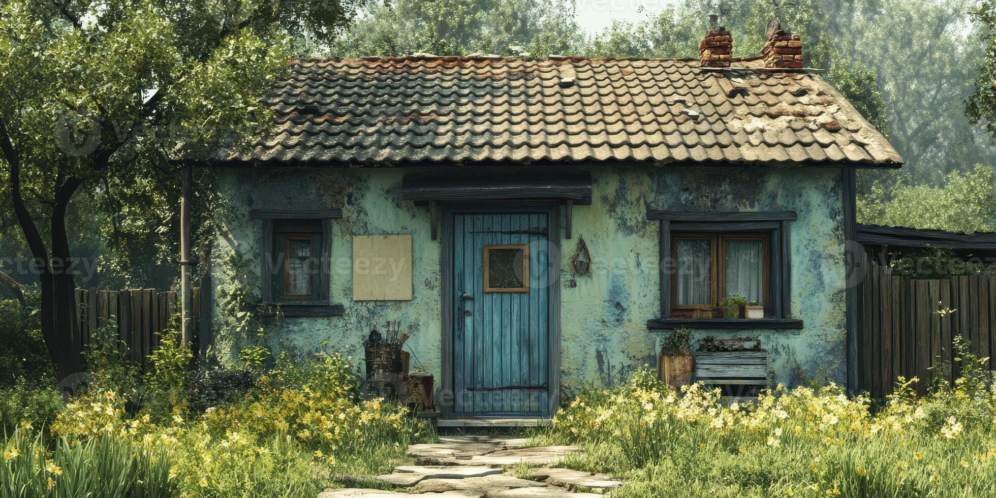 Quaint cottage with rustic charm surrounded by lush greenery and blooming flowers in a tranquil countryside setting photo