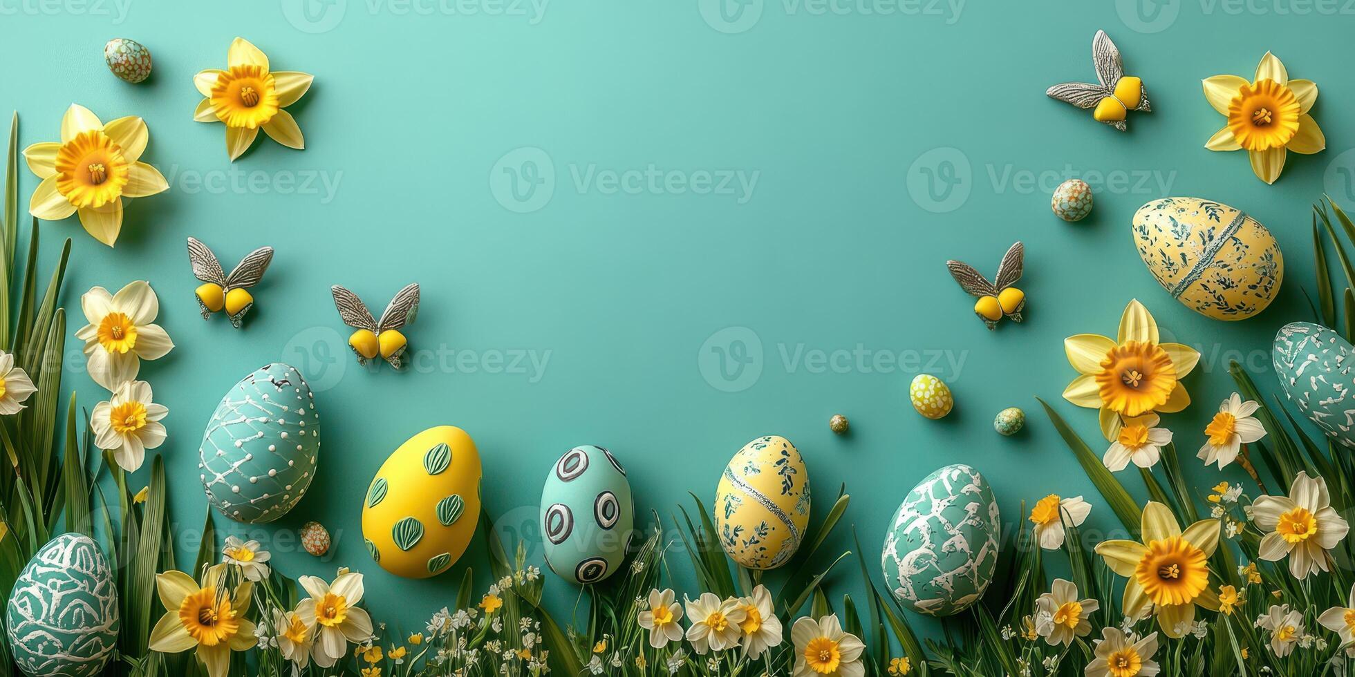 Colorful decorations with Easter eggs and daffodils on a teal background during spring celebration photo
