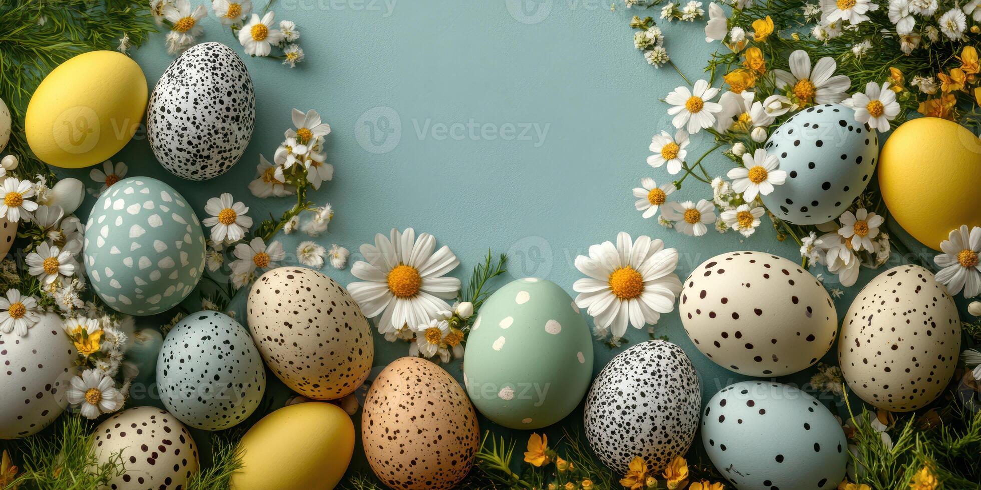 Colorful Easter eggs arranged with flowers on a blue background for festive spring celebration photo