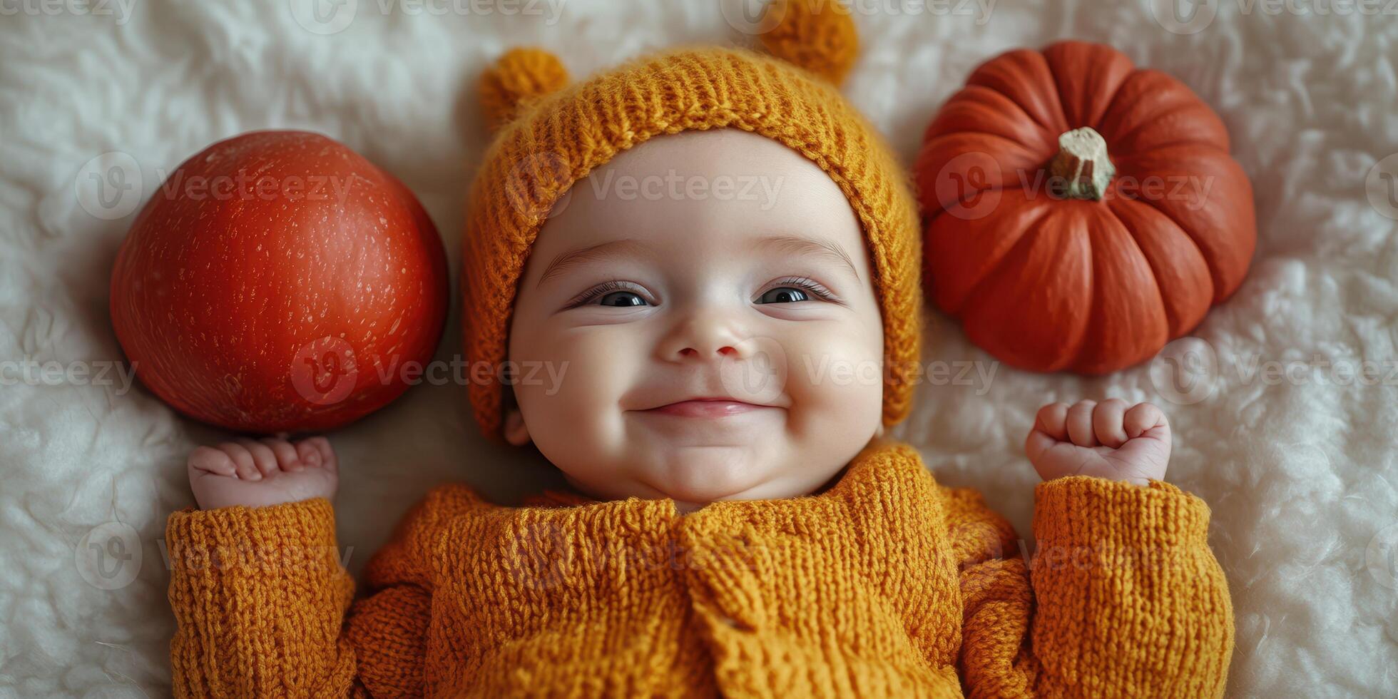 Baby smiling joyfully surrounded by pumpkins and apples in a cozy autumn setting photo
