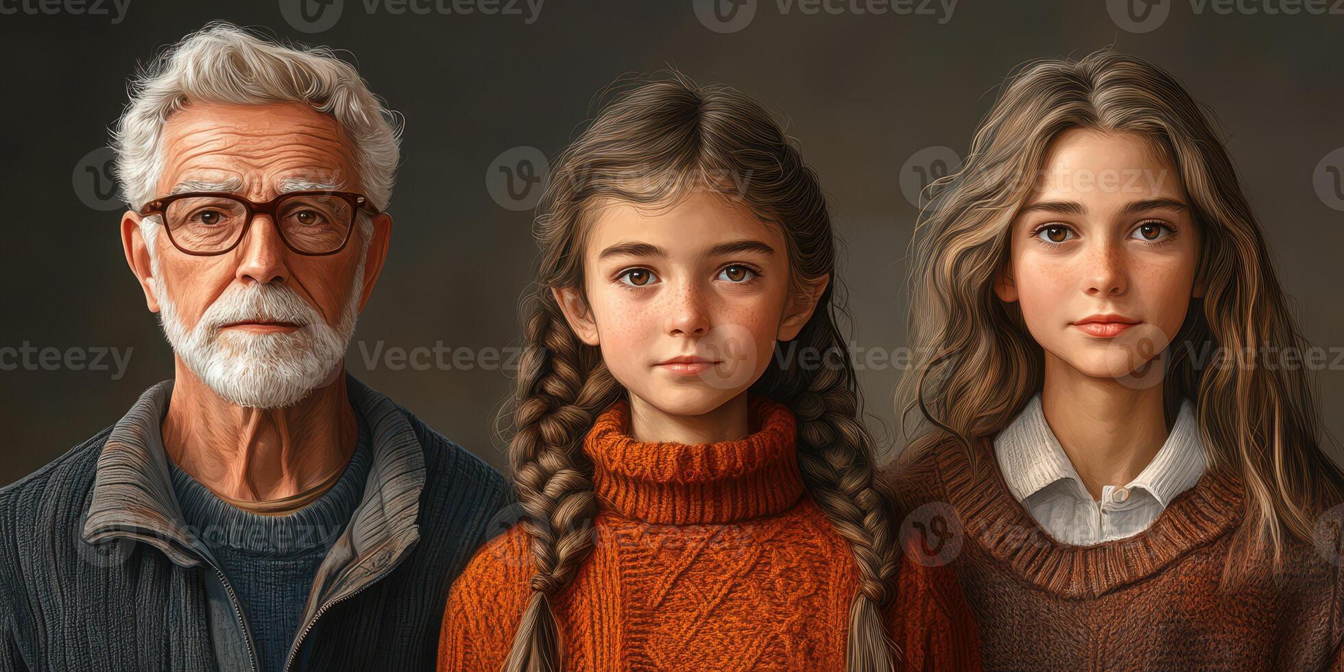 Elderly man and two young girls posing together with warm expressions in a cozy indoor setting during the autumn season photo
