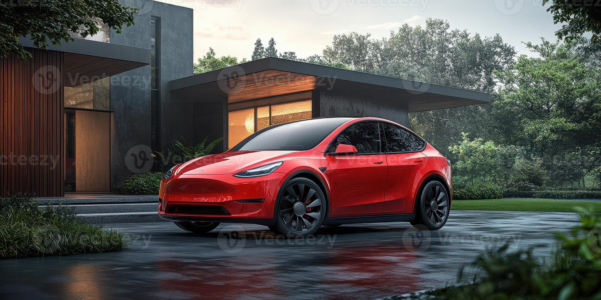 Stylish electric car parked in front of a modern house during early morning lighting photo