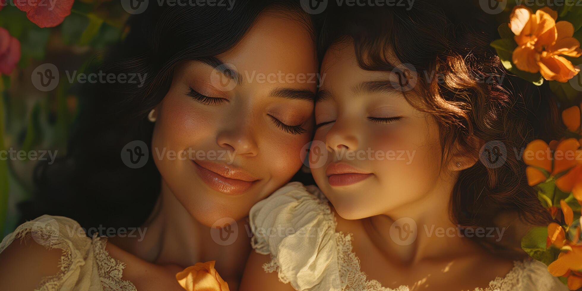 Heartwarming moment between mother and daughter surrounded by vibrant flowers in a serene garden photo