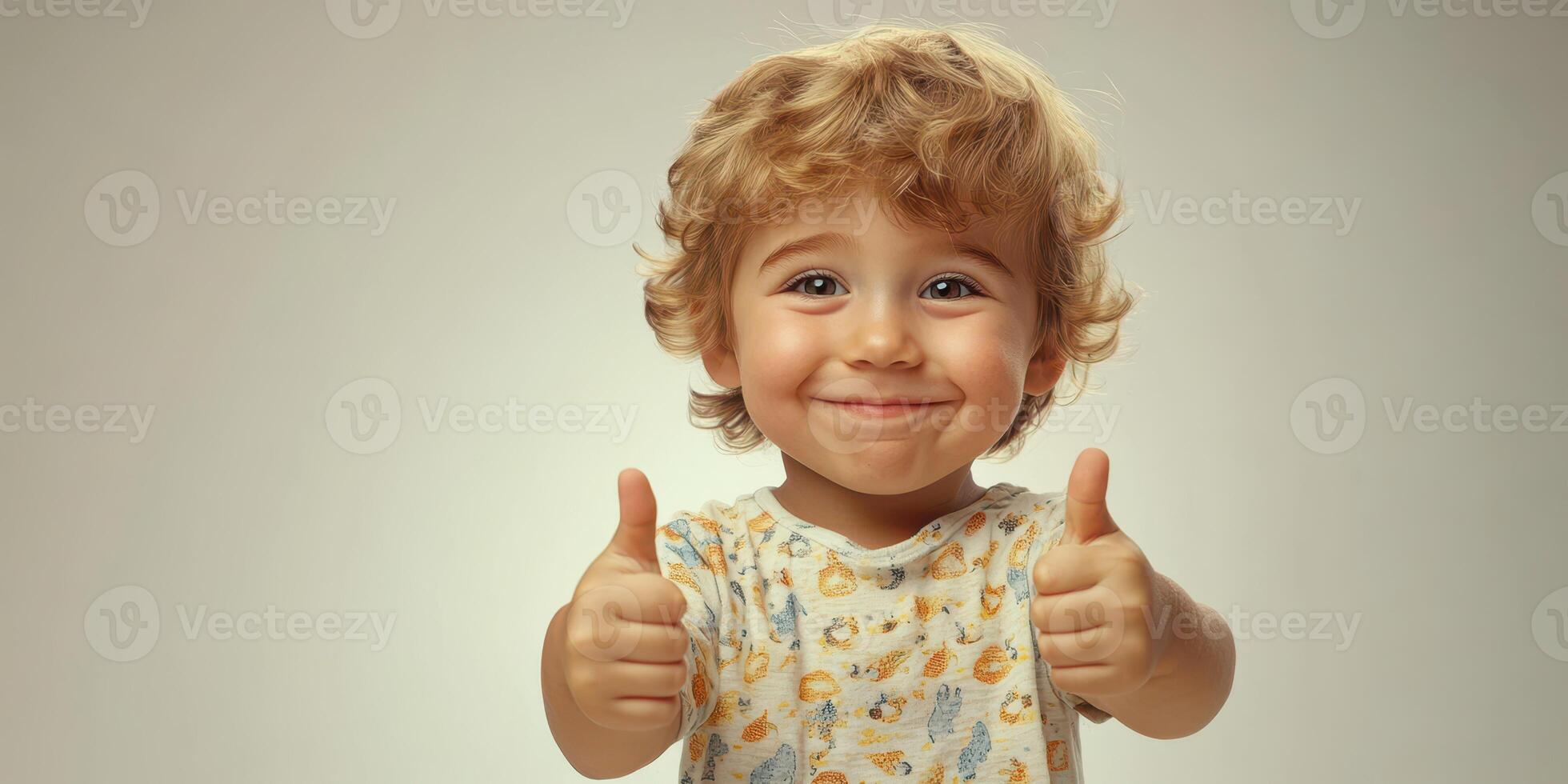 Happy child smiling and giving thumbs up against a neutral background in a cheerful indoor setting photo