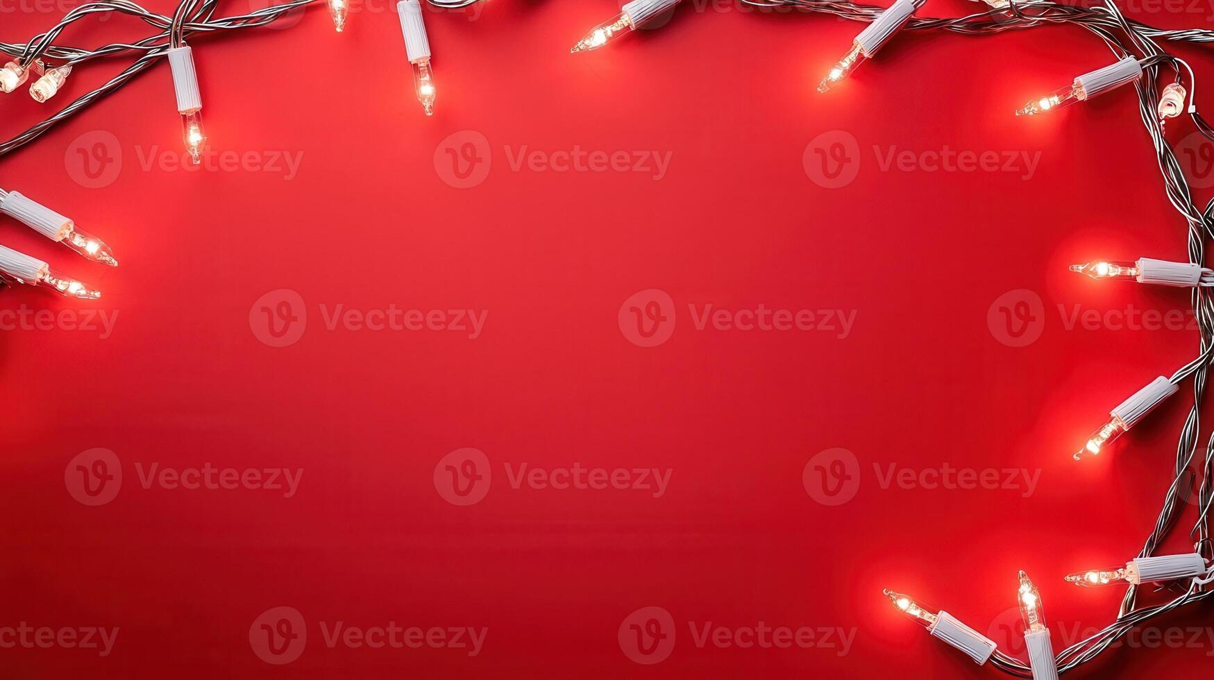 christmas Warm glow of string lights forming festive border, highlighting cozy holiday ambiance and celebratory mood red background Copy space for text photo