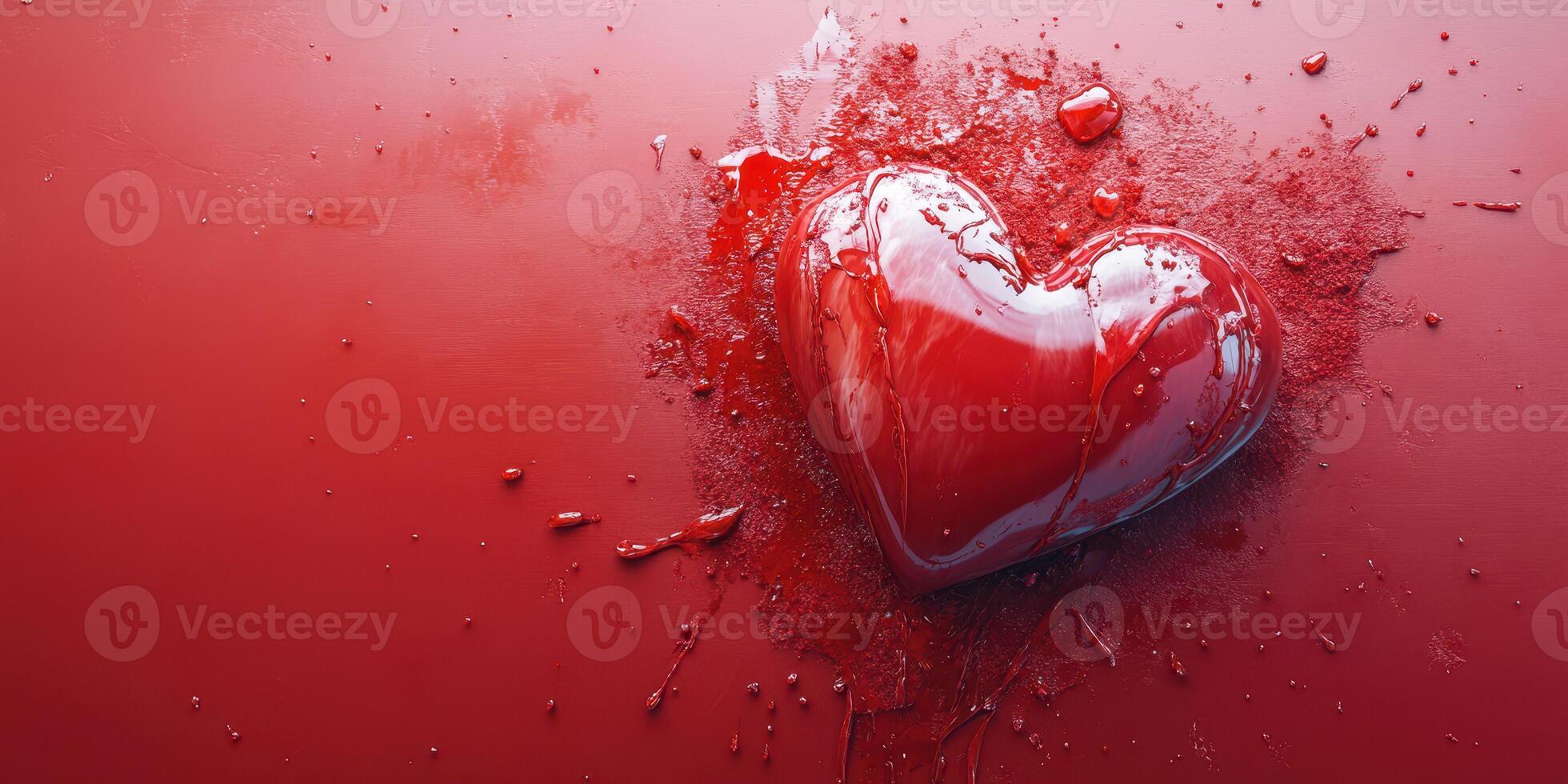 Heart shaped object surrounded by splashes of red paint on a vibrant surface photo