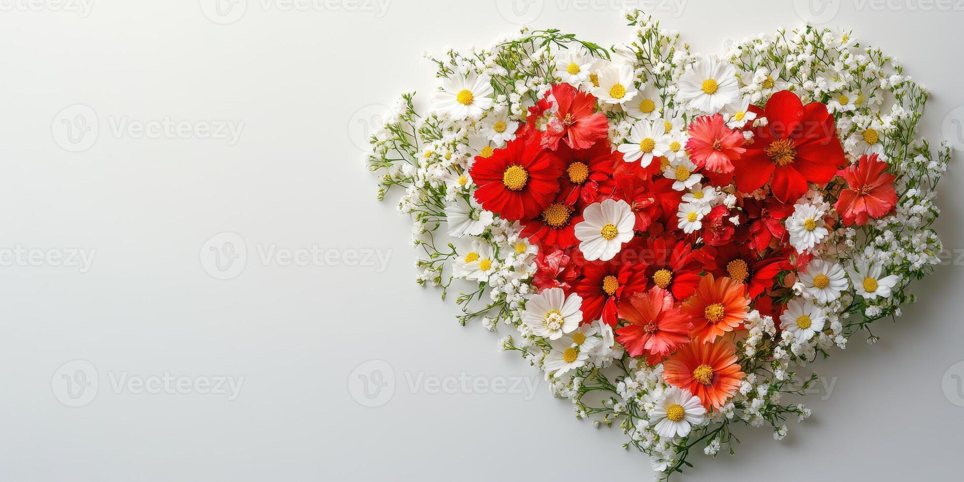 Colorful heart shape made of various flowers on a light background for celebration and decoration photo