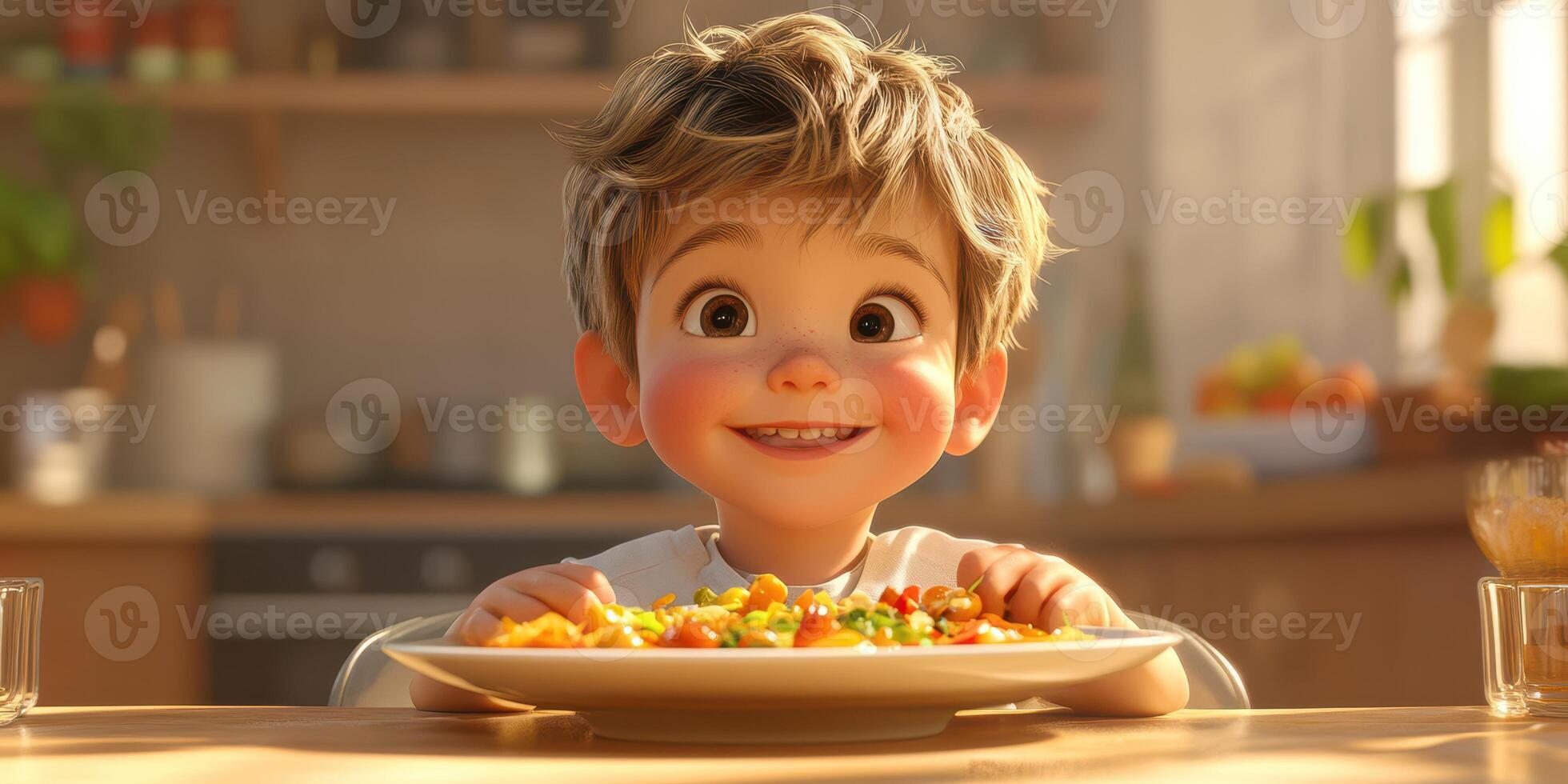 Joyful young boy eagerly looking at a colorful plate of food in a bright kitchen setting during daylight photo