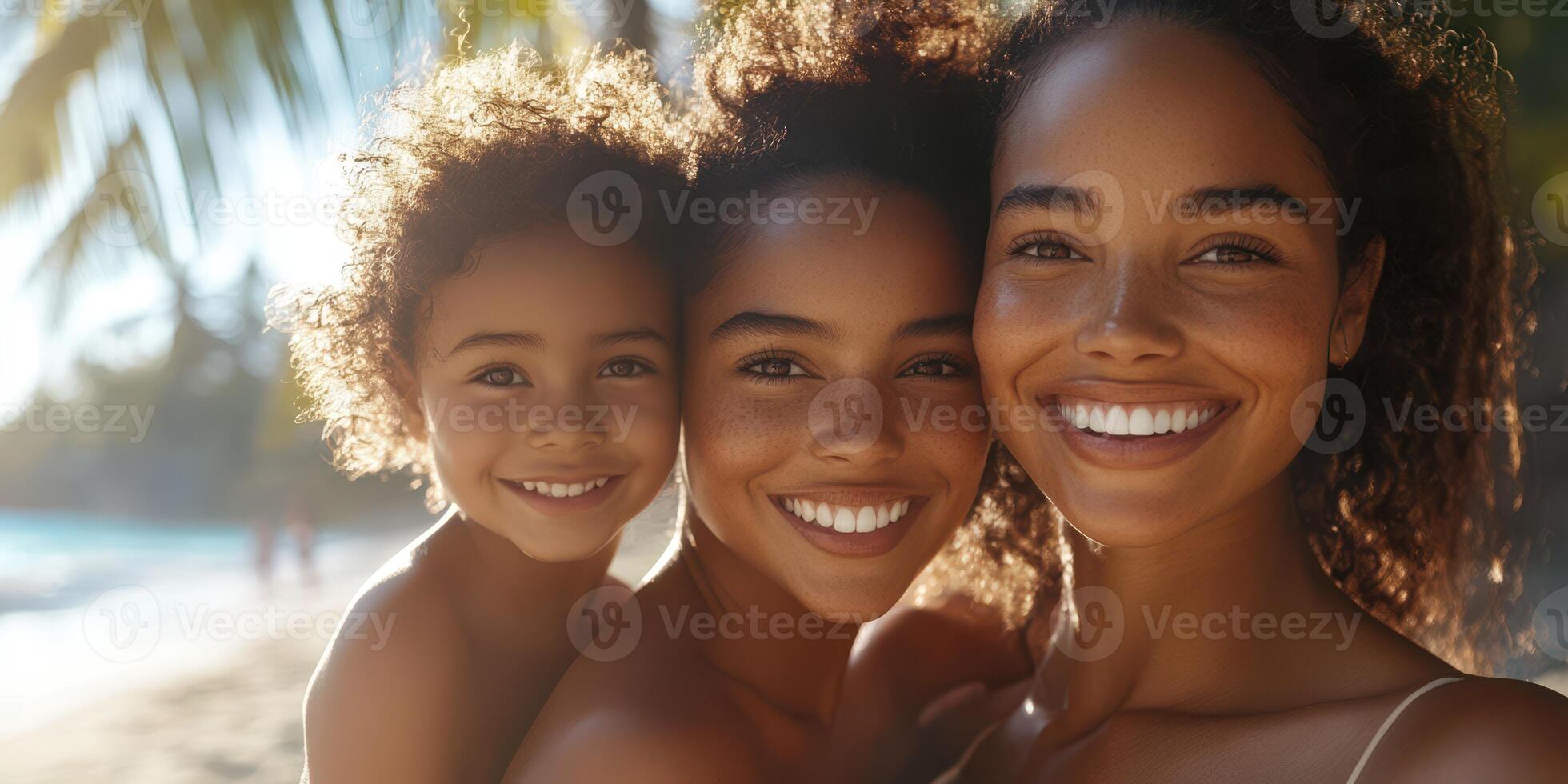 Smiling family enjoying a sunny day at the beach with palm trees and gentle waves in the background photo