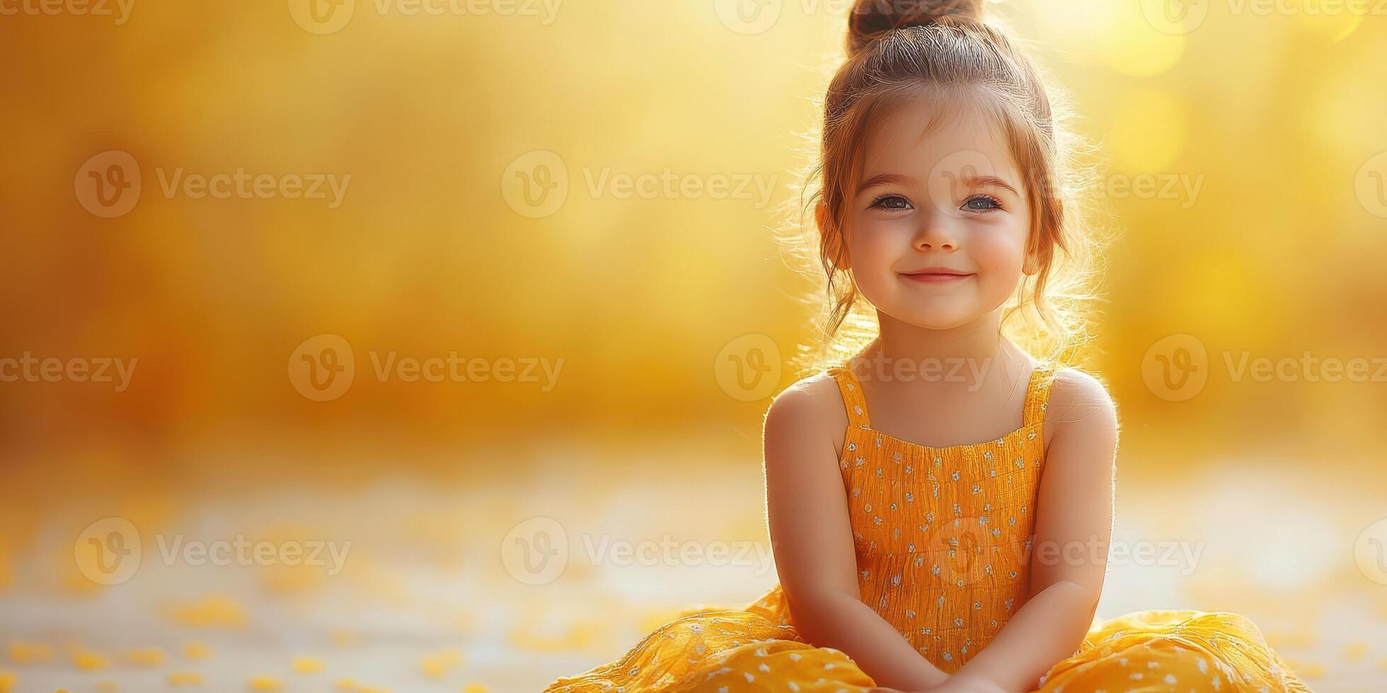 Sweet girl in bright yellow dress sitting in a golden-hued garden during late afternoon light photo