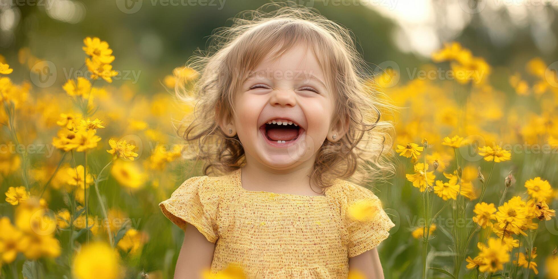 Joyful child smiles brightly in a vibrant yellow flower field during a sunny day photo