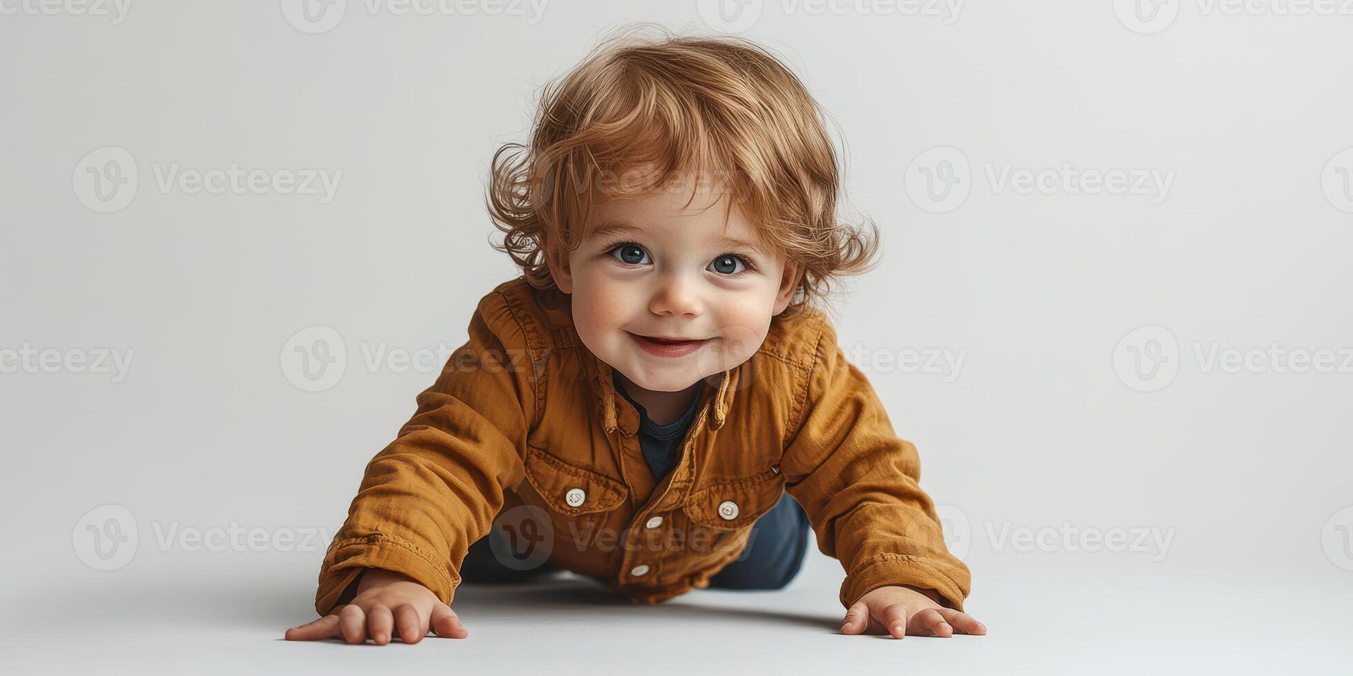 Baby with curly hair smiles while crawling on a light background during a playful indoor activity photo