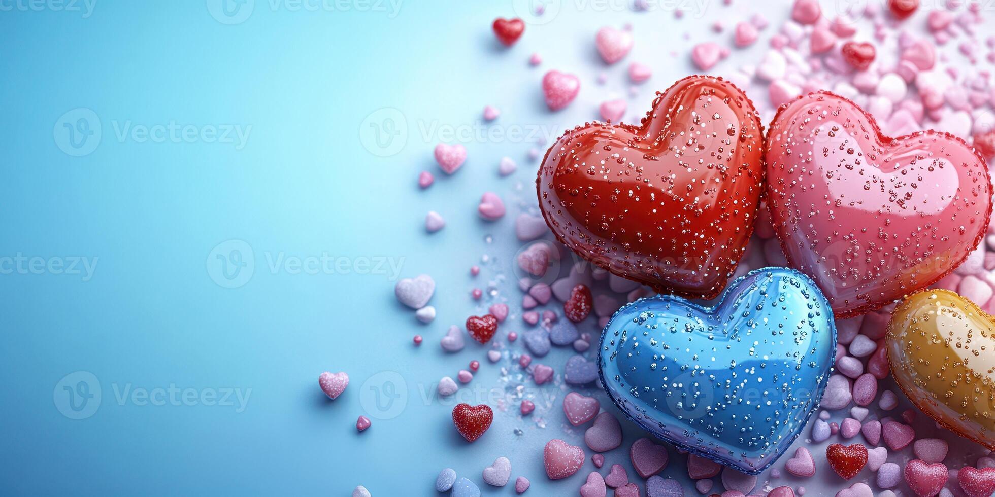 Colorful heart-shaped candies scattered on a blue background create a playful atmosphere for celebrations or decorations photo