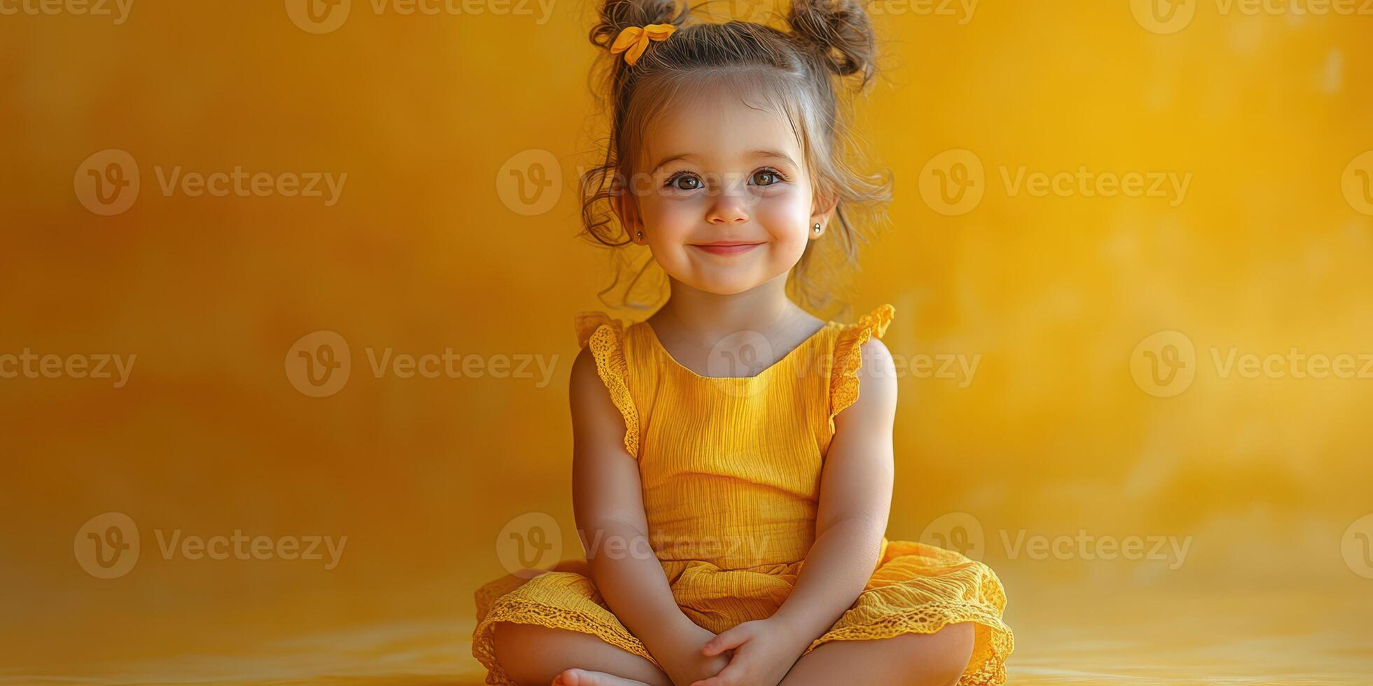 Young girl in yellow dress smiles joyfully against a vibrant yellow background during a warm, sunny day photo