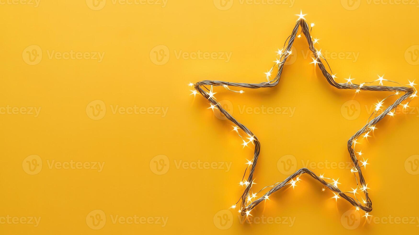 Glowing led star ornament nestling on surface, softly highlighted by warm fairy lights, creating festive holiday ambiance Copy space for text plain yellow background photo