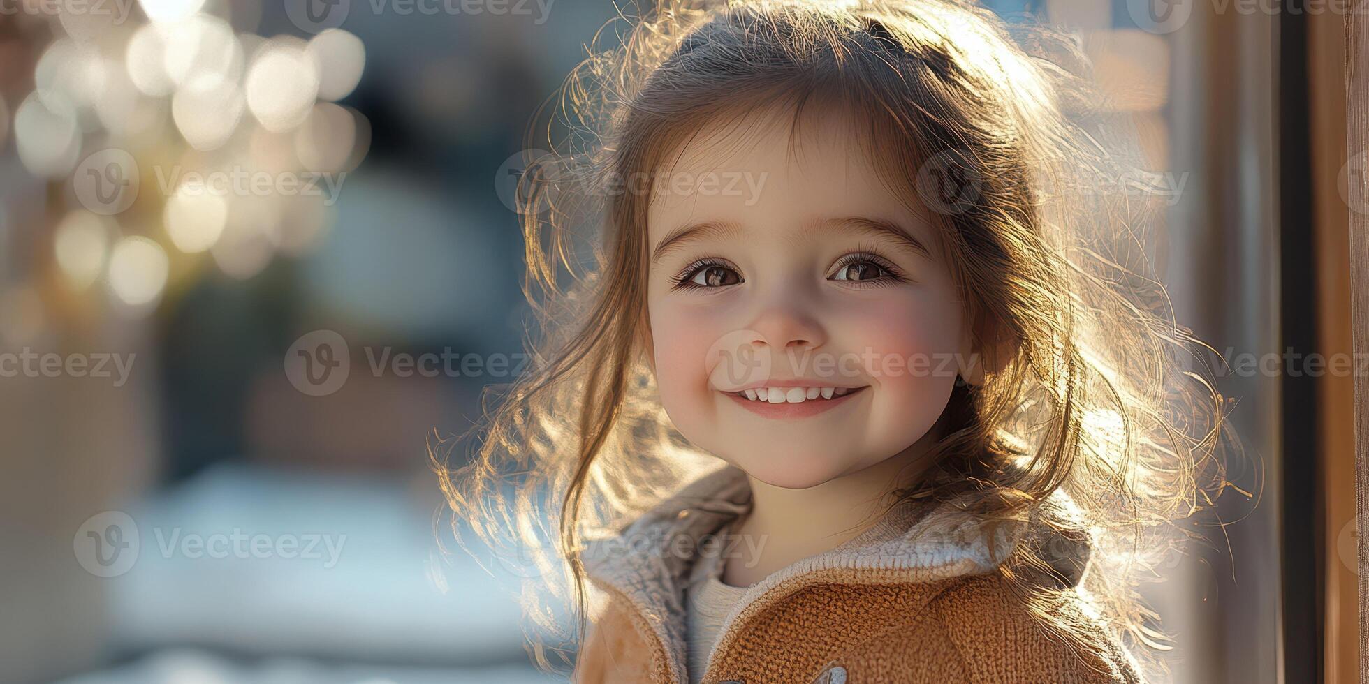 Smiling child with curly hair enjoying a sunny day in a cozy outdoor setting surrounded by soft, warm light photo