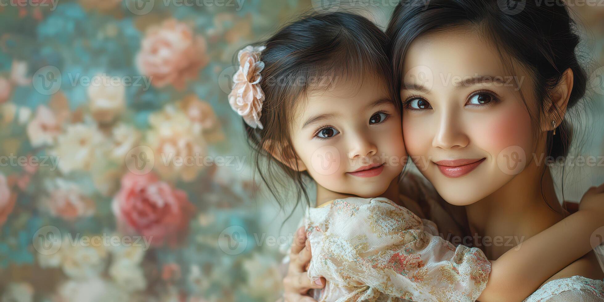 Mother and daughter share a warm embrace in a floral setting during a sunlit afternoon photo