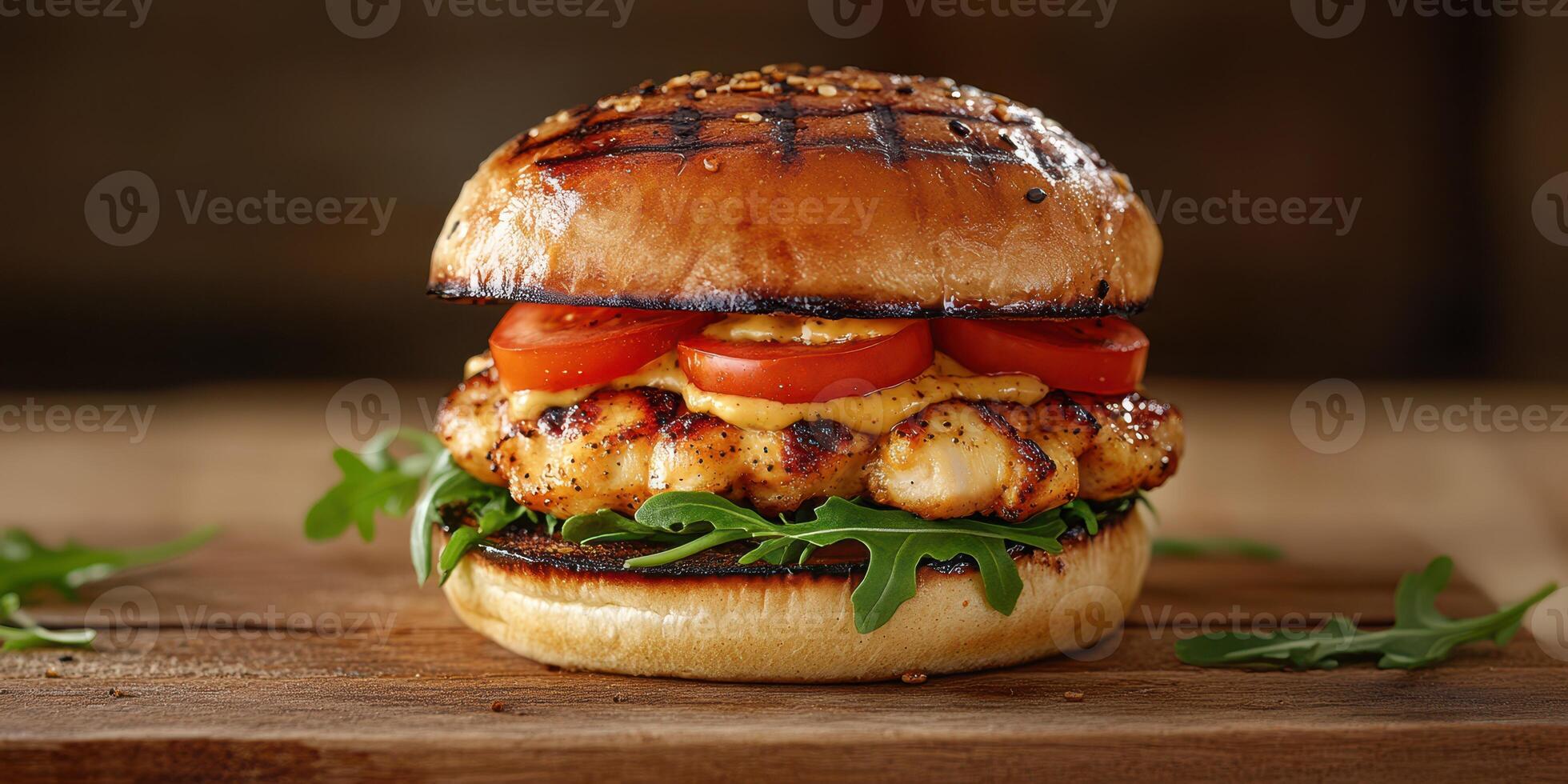Juicy grilled chicken burger topped with fresh tomatoes and arugula on a sesame seed bun photo