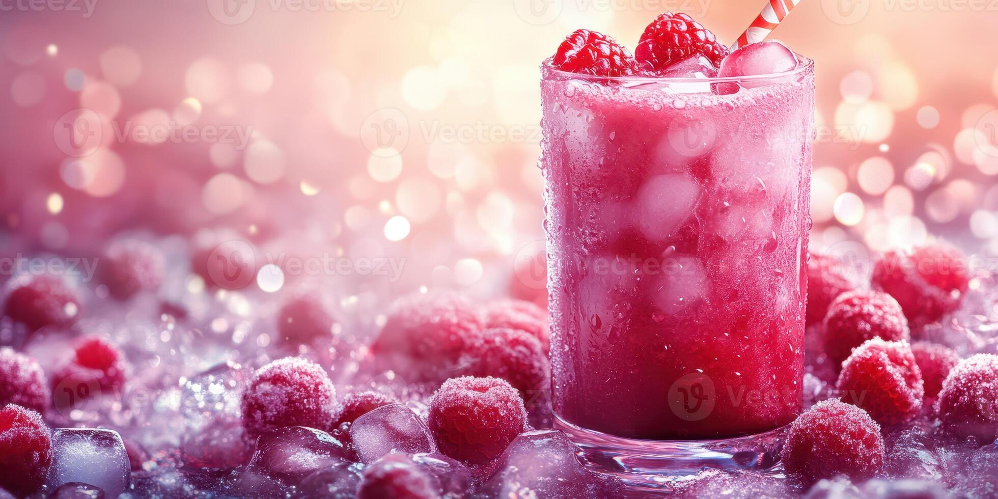 Refreshing raspberry drink garnished with berries and ice in a vibrant setting photo