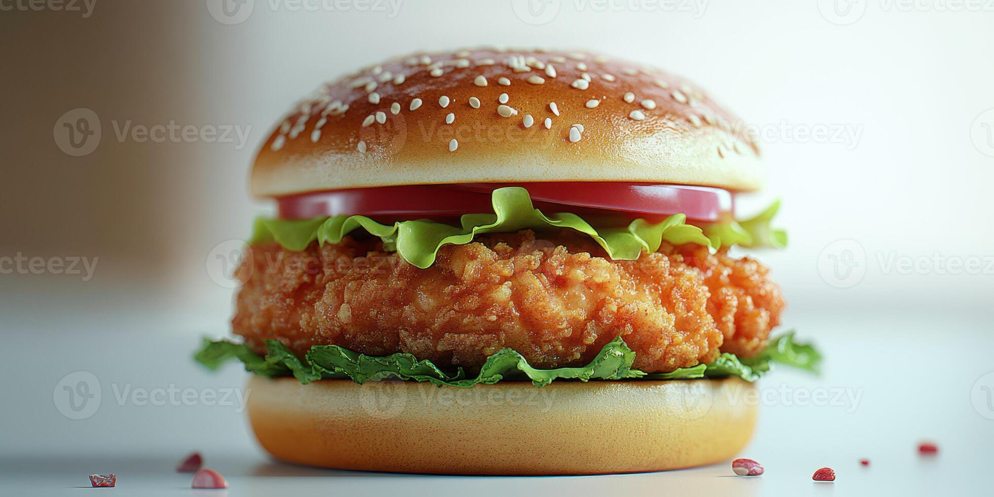 Crispy chicken sandwich with fresh lettuce and tomato on a sesame seed bun served in a well-lit setting photo