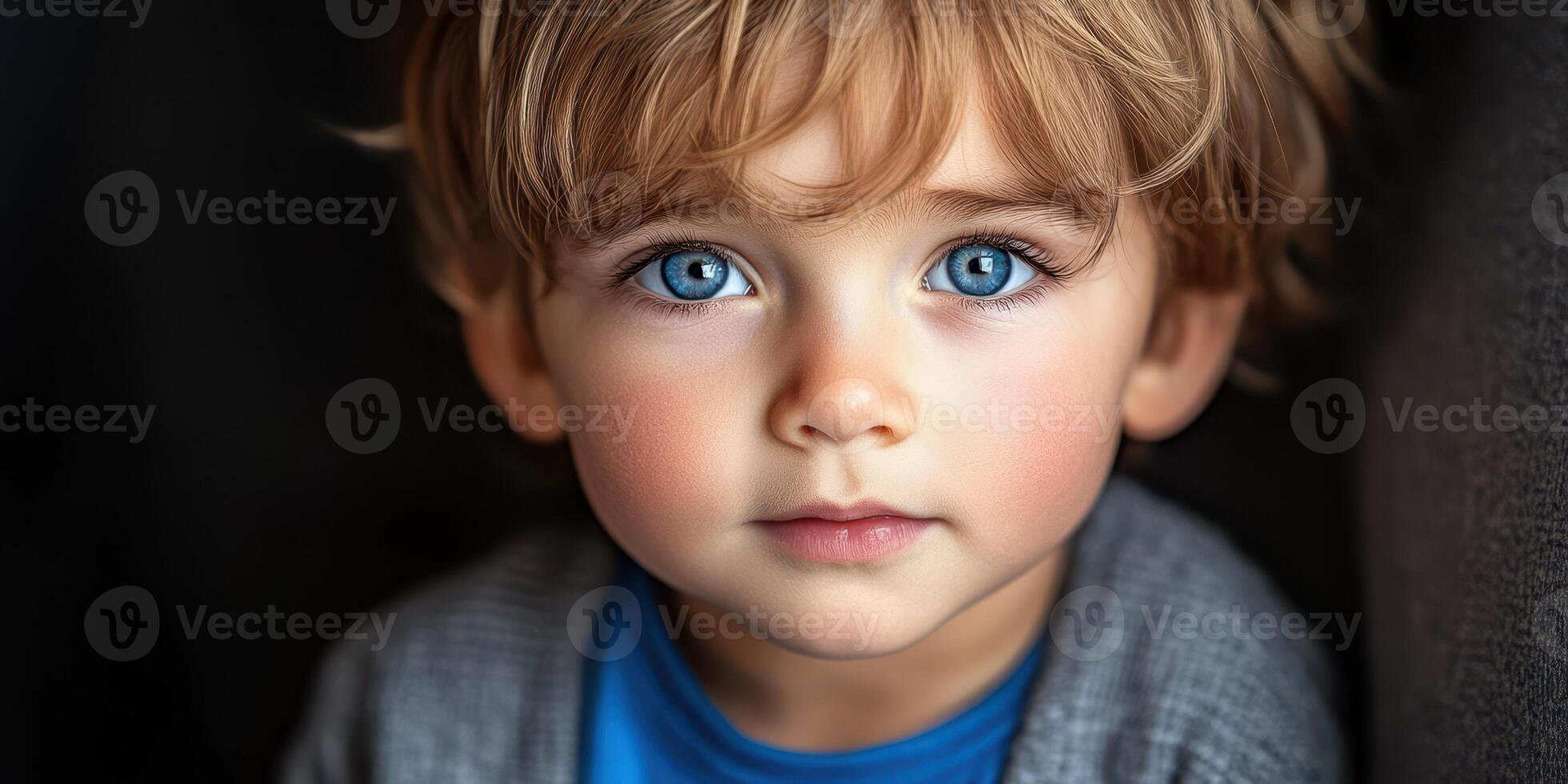 Young child with captivating blue eyes gazes thoughtfully from a dark background during a calm afternoon photo