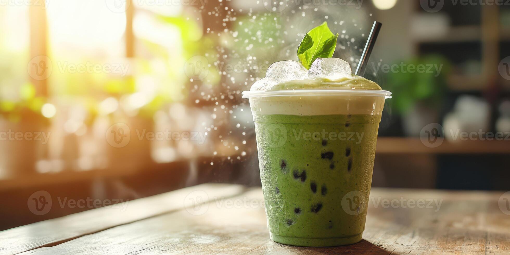 Refreshing green tea beverage served in a clear cup with ice and a mint leaf in a cozy cafe setting during afternoon hours photo