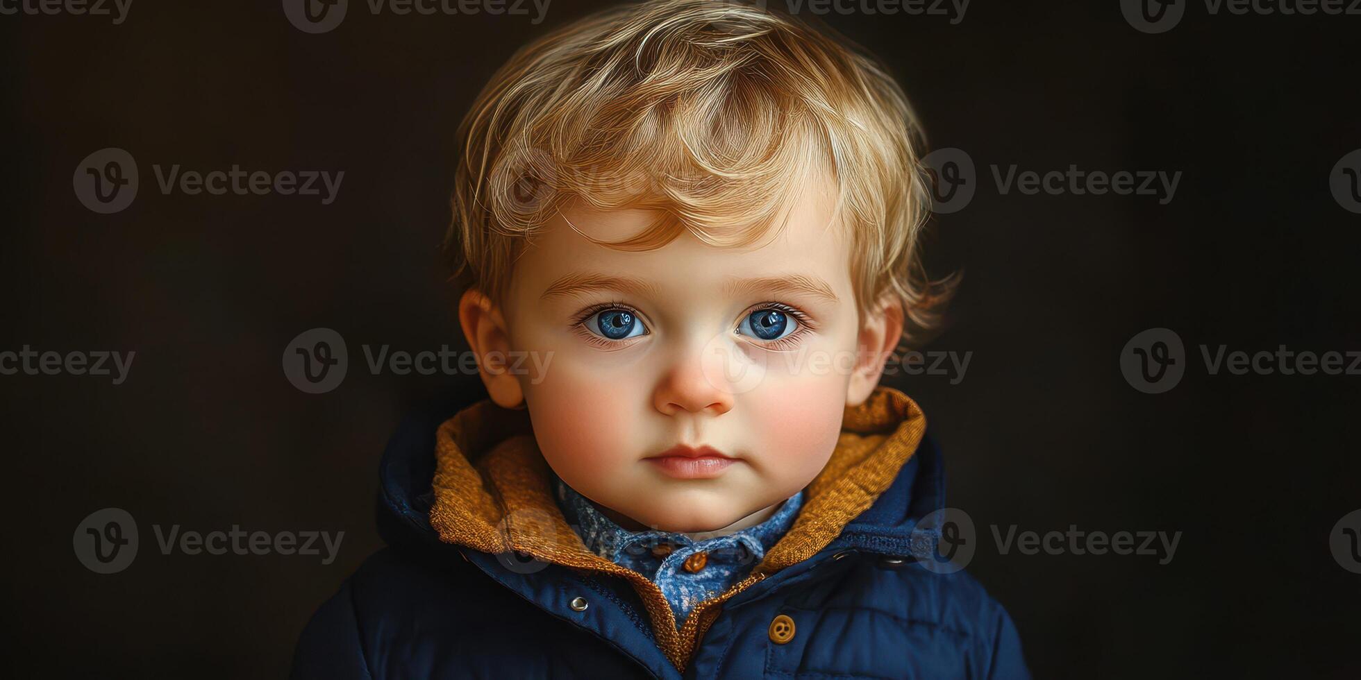 Child with curly hair and blue eyes wearing a navy jacket against a dark background in an indoor setting photo