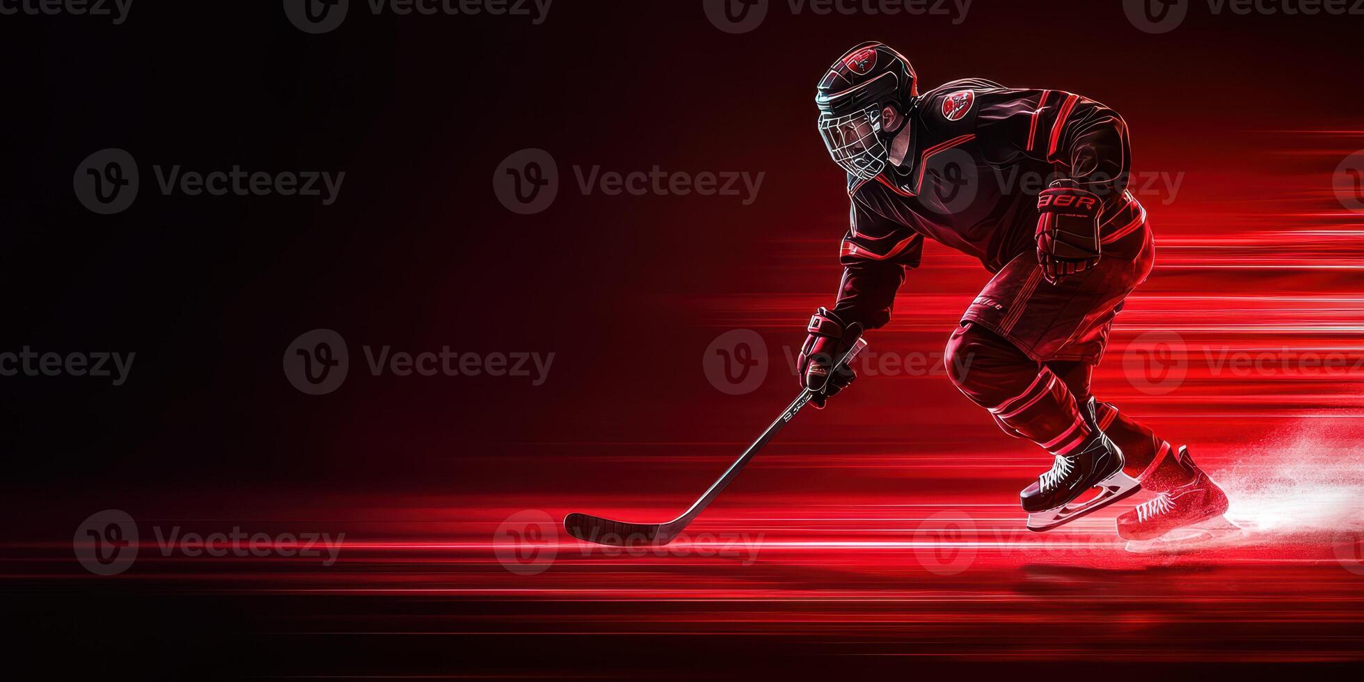 Ice hockey player in motion on a dark background with dynamic red streaks creating an energetic atmosphere photo