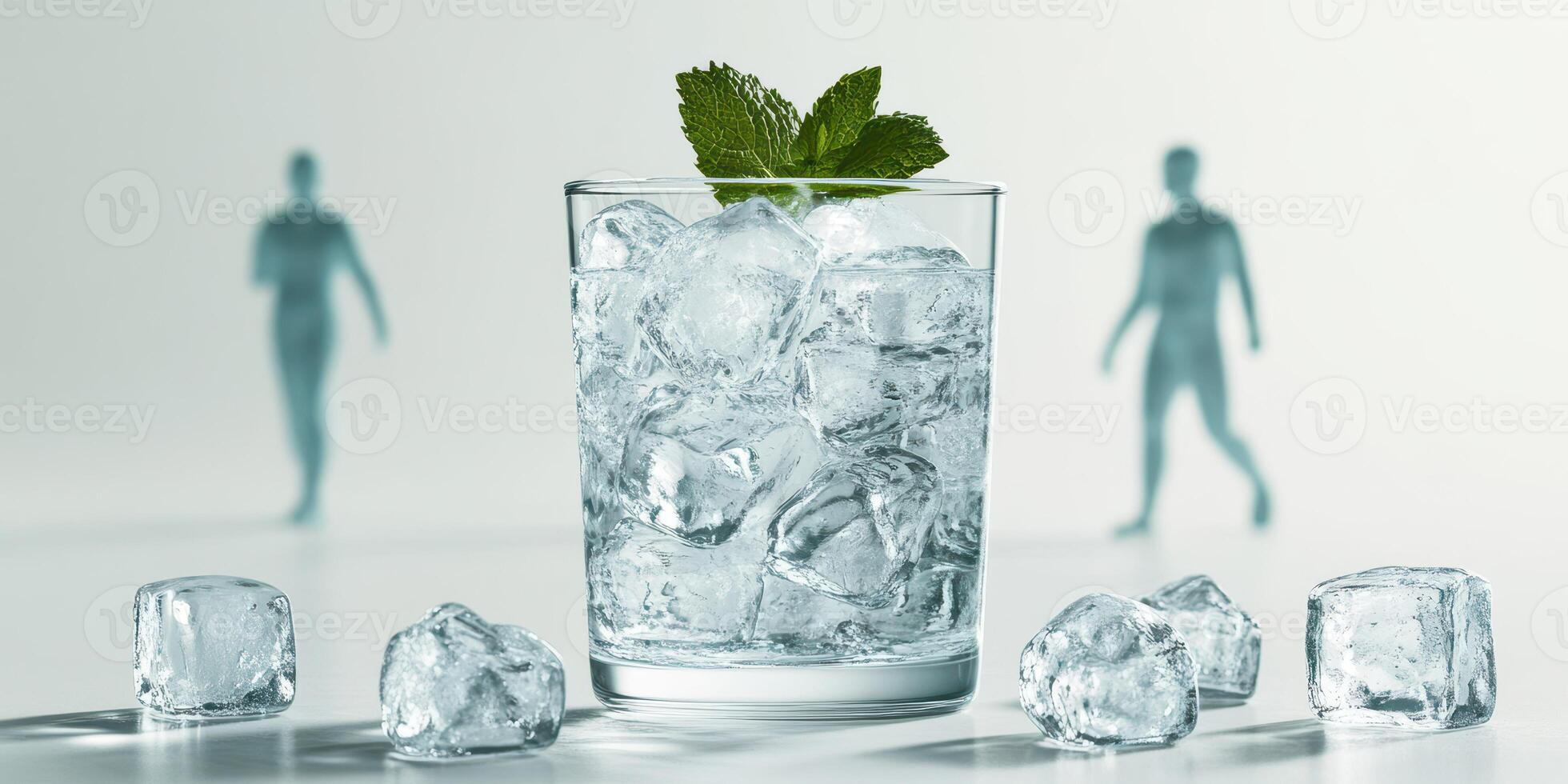 Refreshing beverage on ice with mint leaves standing out while people walk in the background photo