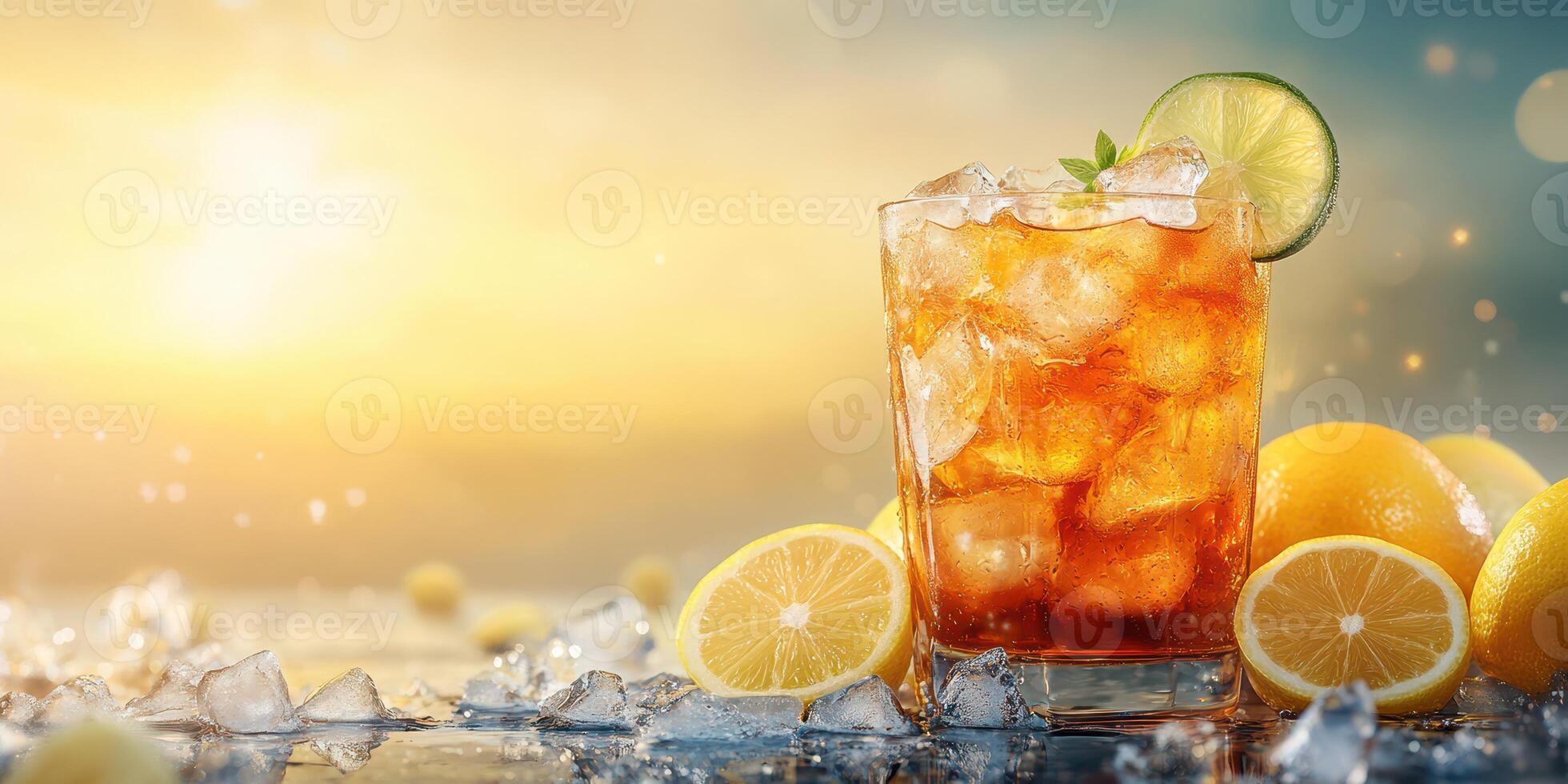 Refreshing iced beverage with lemon slices and ice cubes on a summer sunset background photo